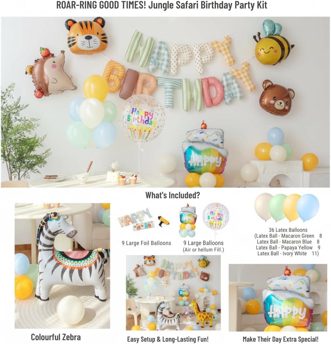 Animals Happy Birthday Foil Balloon Decorations Kit for Kids Birthday, Jungle Zoo Theme Zebra Giraffe Tiger All-In-One Party Supplies with Birthday Banner (Animal Birthday Set)