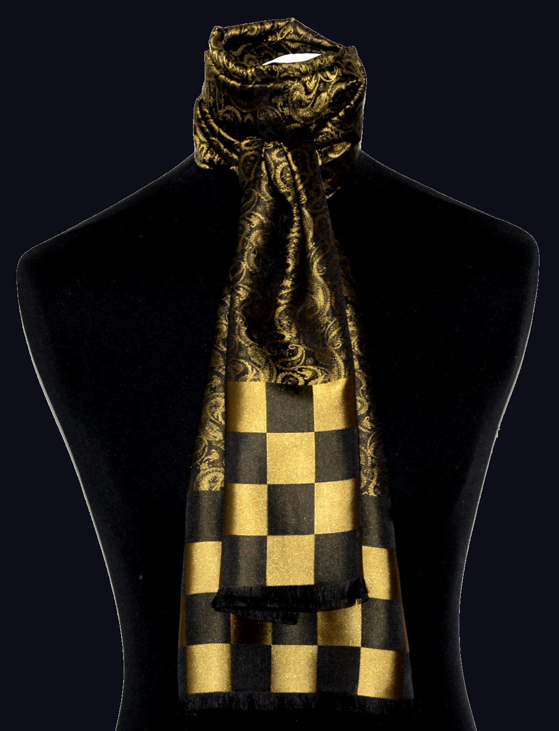 Lorenzo Cana Luxus Damen Schal aus 100% Seide aufwändig jacquard gewebt Damast Seidenschal Seidentuch Tuch 25 x 160 cm Schwarz Gold Karo 89214