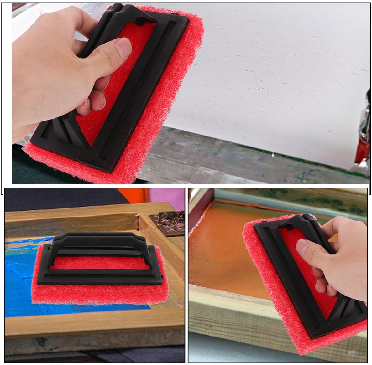 OHPHCALL 6pcs Screen Printing Ink Removal Brushes with Handle, Degreasing Scrub Pads for Household and Professional Use, Red Cleaning Brushes for Silkscreen Frame Maintenance