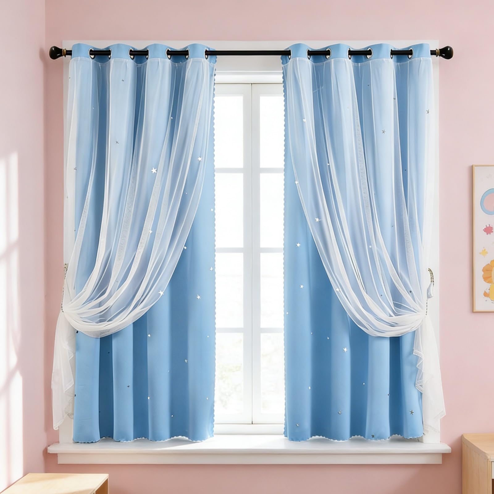 Gardinen Kinderzimmer Mädchen 150 x 190 cm Sternenvorhänge Blickdicht Gardinen Thermovorhang Ösenschal Vorhänge Vorhang Kindergardine für Wohnzimmer, Blau