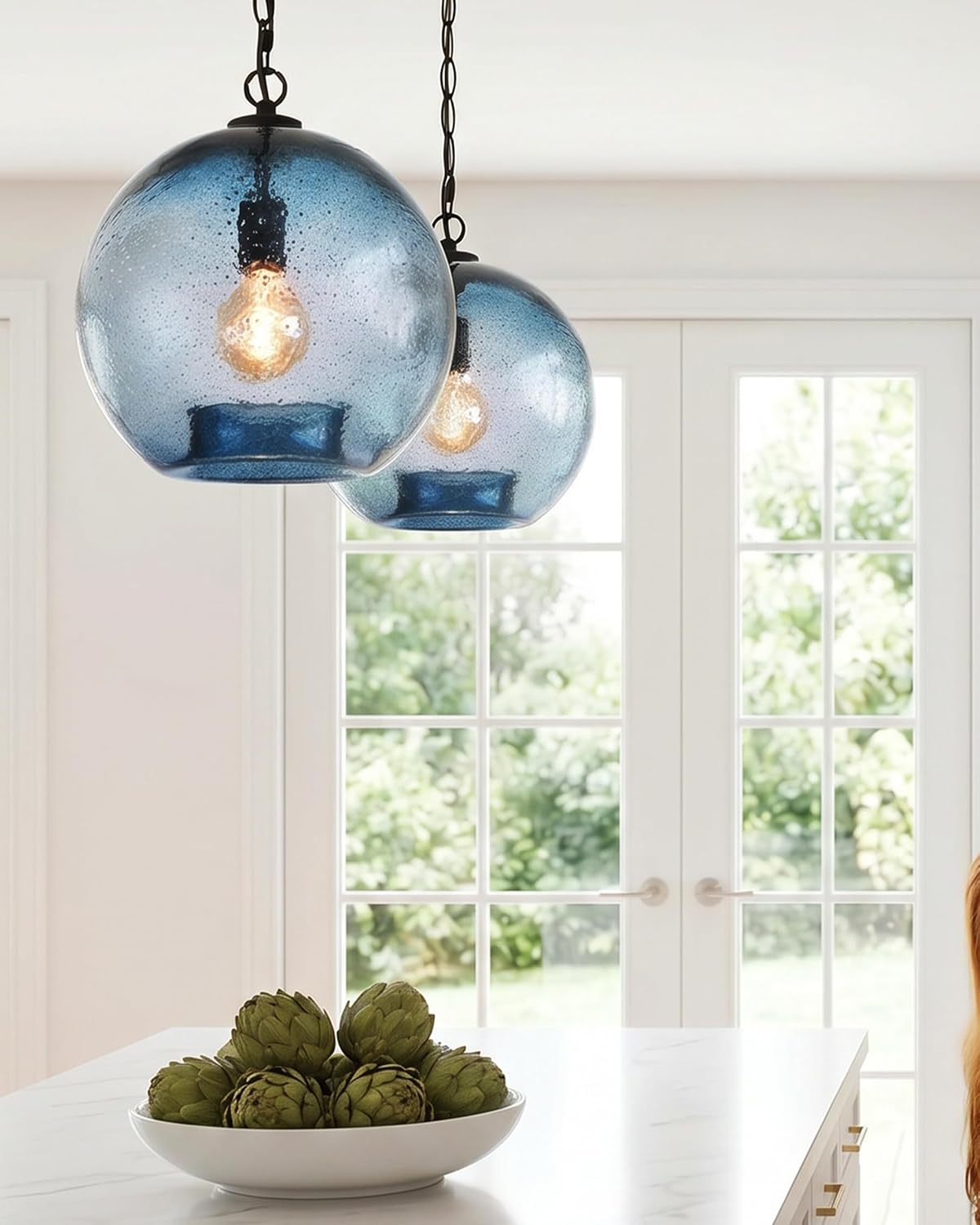 CASAMOTION Farmhouse Pendant Light,Large Marble Blue Glass image 2