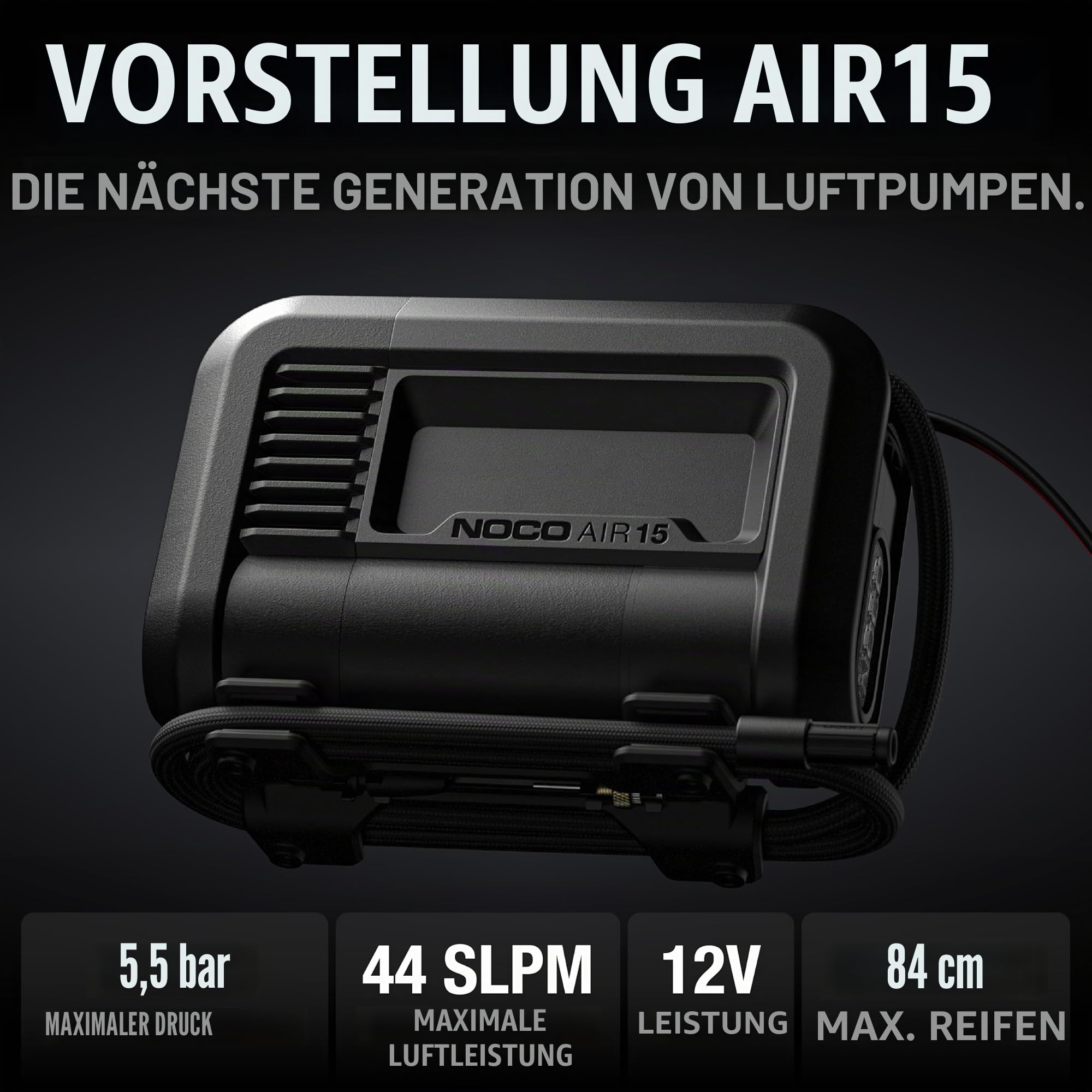 NOCO AIR15: UltraSchnelle 15A Luftpumpe – Tragbarer 12‑Volt Kompressor – 44 SLPM Luftstrom, 0–40 PSI in 2,9 Min – Digitales Manometer + automatische Abschaltung