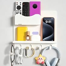 Bedside Shelf Wall Mount, Adhesive Bedside Shelf Accessories Organizer with Hooks and Cable Clips,Dorm Bedside Wall Storage for Phone, Remote, Earphone,Plastic White