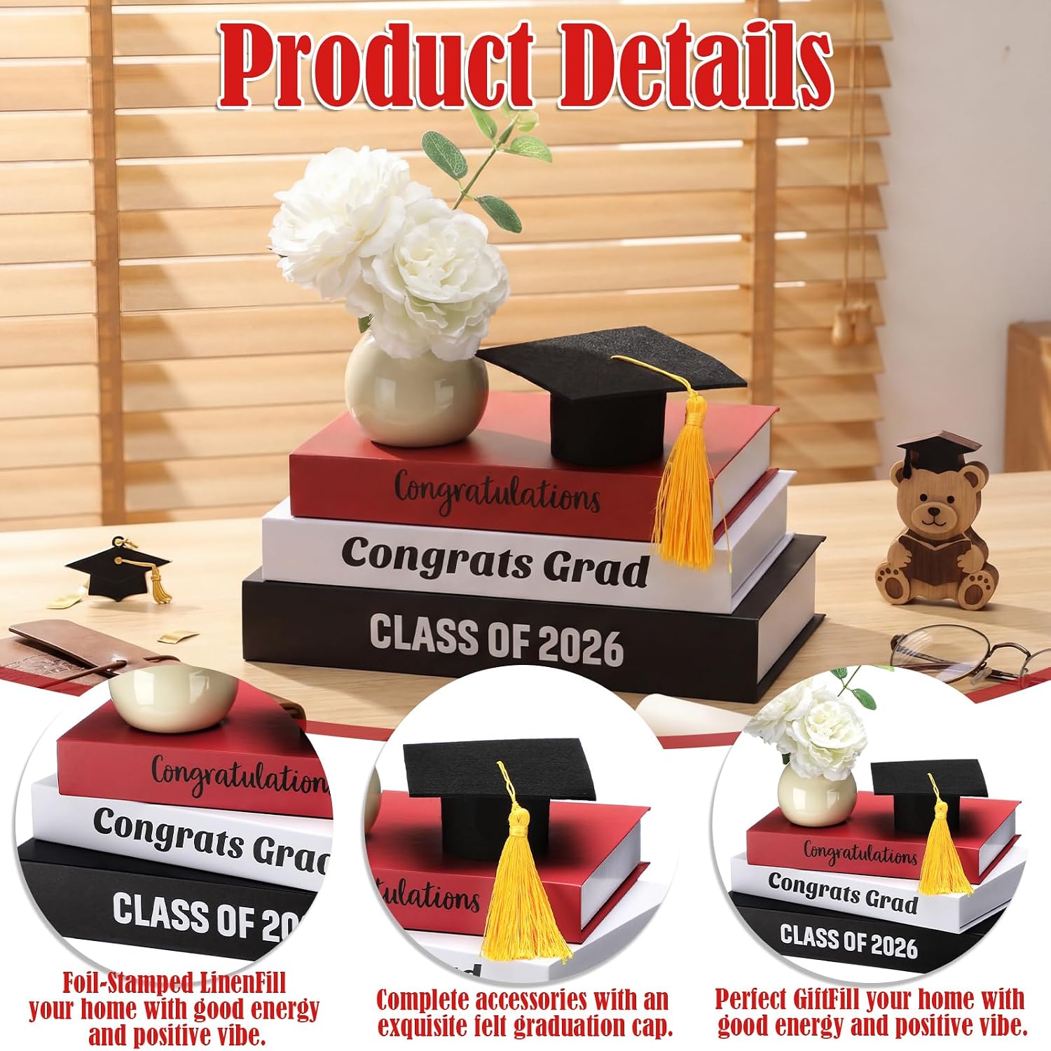 Yookeer 4 Pcs Graduation Table Centerpieces Decorative Book Set with Graduation Cap Stacked Farmhouse Style Books Printed Congratulations Grad Class of 2026" for Shelves Desk Home Decor(Red,Classic)