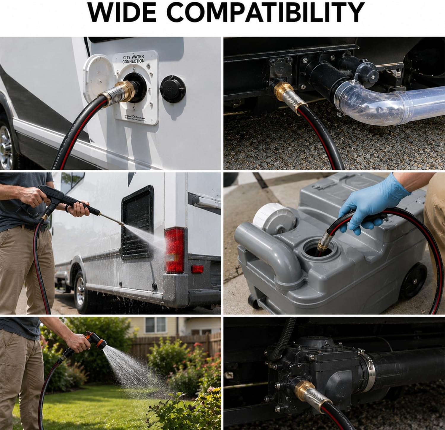 35FT RV Black Water Hose, 5/8" Hybrid No-Kink Sewer Flush Hose with 3/4" Solid Brass Fittings, Flexible Camper Tank Cleaning Hose for Black & Gray Water Tanks (Black Red)