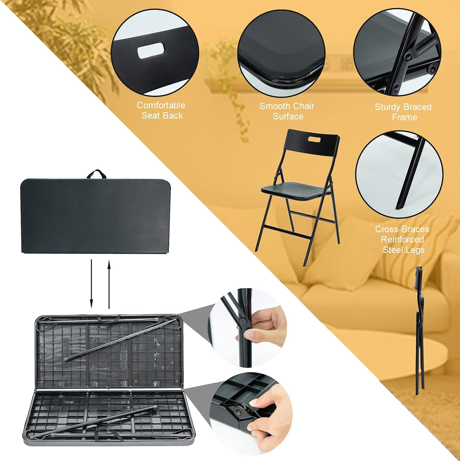 Spaco Folding Table Set,Folding Dining Table and Chairs Set for 4,Protable 35'' Square Card Table with 4 Folding Chairs for Indoor Outdoor Camping Picnic Games, Black