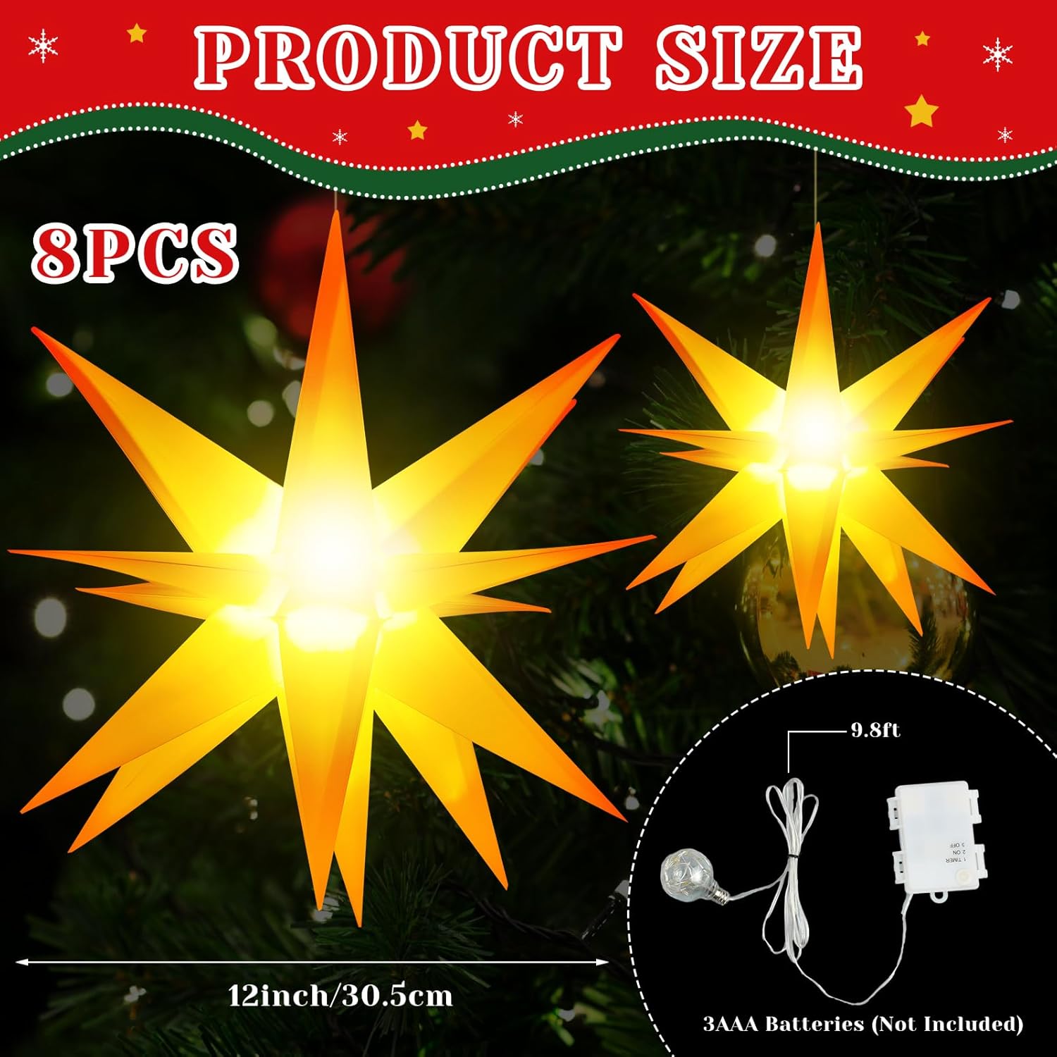 8 Pcs Christmas Large Moravian Star Light Advent Bethlehem Star Light 3D Hanging Christmas Tree Topper for Outdoor Indoor Xmas Decoration (12 Inch)