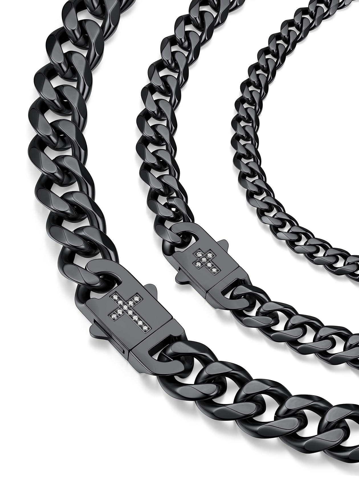 ChainsHouse Mens Cuban Link Chain Necklace 6/9/12mm, 18-30inch, Stainless Steel/Black/Gold Plated with Blinged Out Cross Clasp, Hip Hop Chunky Jewelry for Men