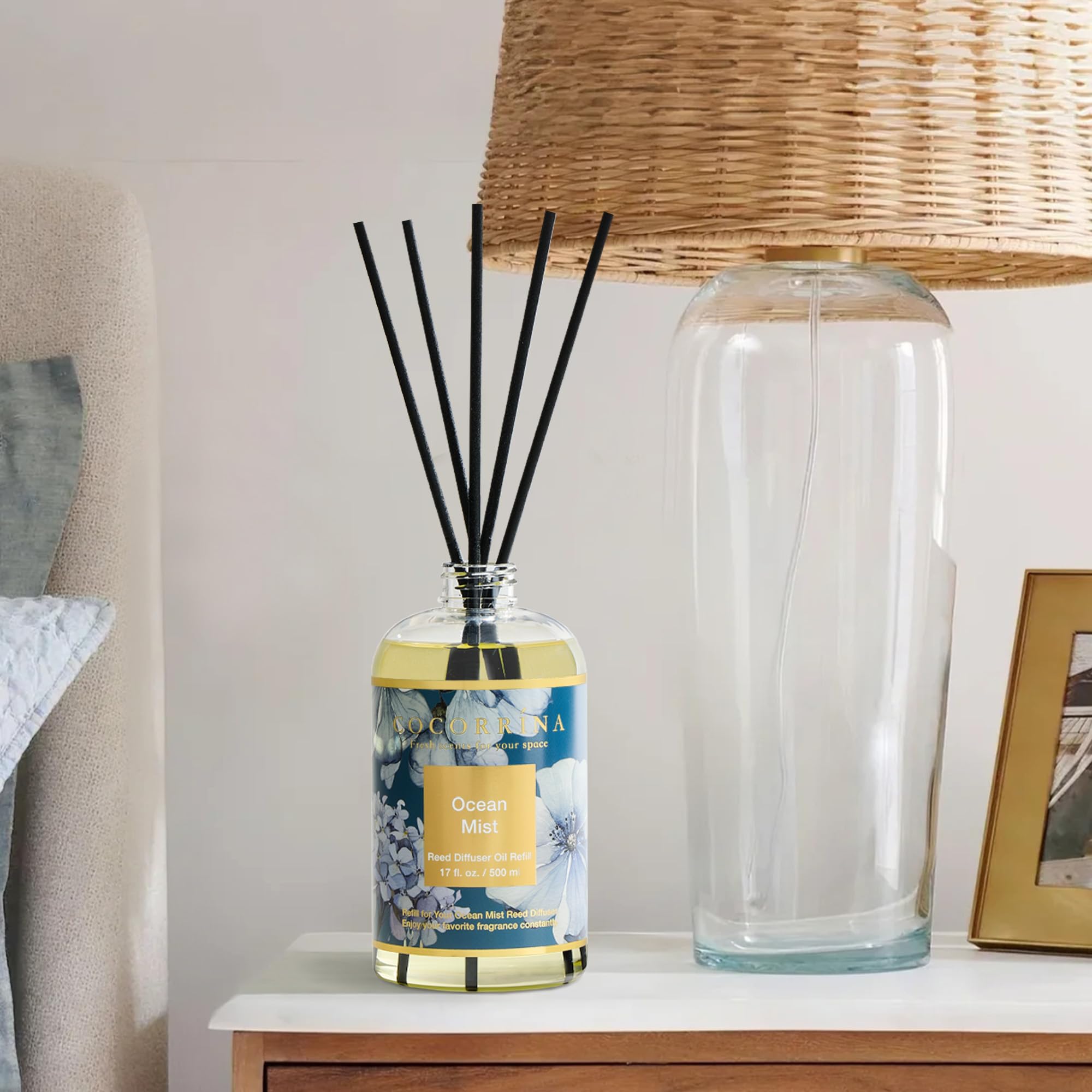 COCORRÍNA Ricarica Diffusore Ambiente 500ml con 8 Bastoncini, Ocean Mist, Profumo Lungo Durata con Oli Essenziali Naturali, Camera da Letto e Bagno