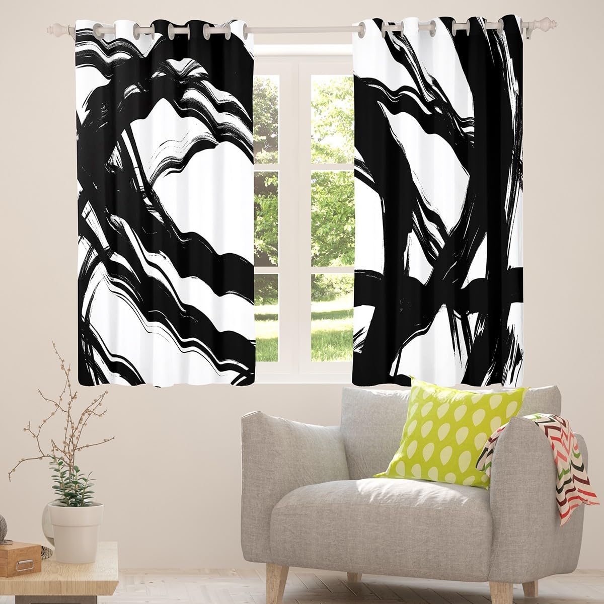 Erosebridal Black and White Abstarct Curtains for Adult Women Men, Geometric Striped Window Curtains Drapes for Minimalists,Graffiti Aesthetic Lines Window Treatments,Boho Modern Art Decor,52" Wx84 L