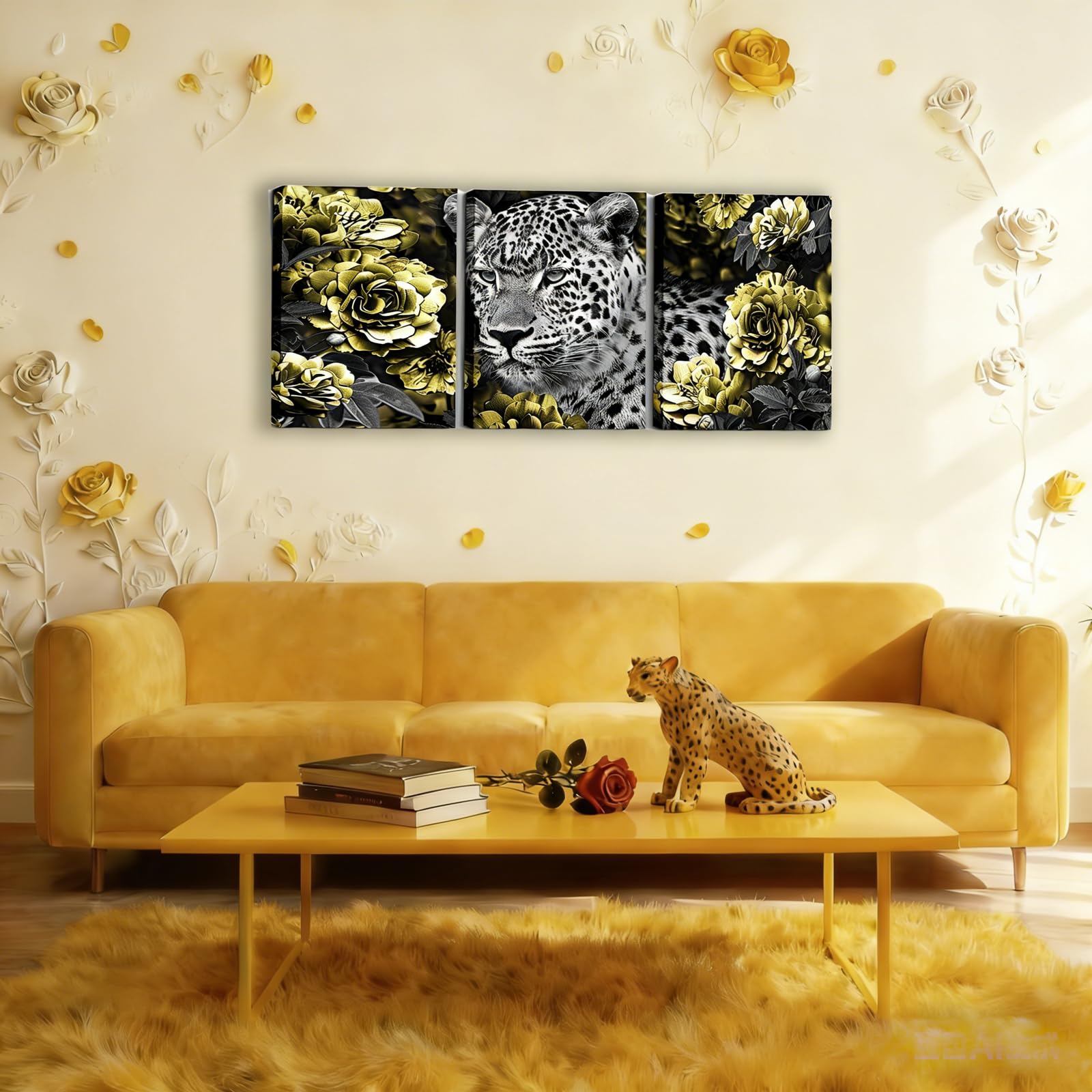 3D Leopard Canvas Wall Art for Living Room,Yellow Rose Flowers Framed Wall Art Black White Grey Cheetah Print Wall Decorations,Western Wild Animal