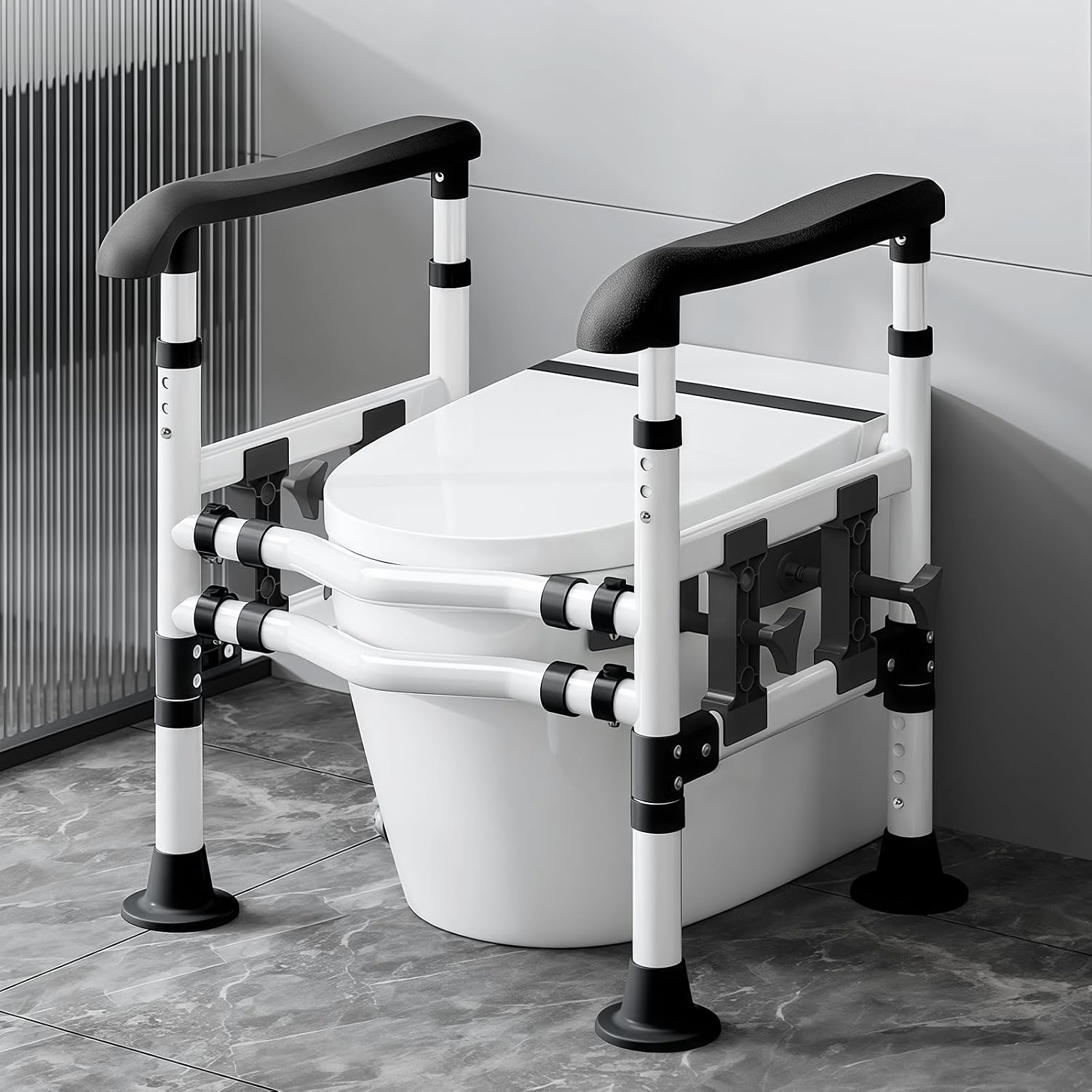 Toilet Safety Rails for Seniors – Adjustable Height & Width Safety Frame with Handrail, Fits Most Toilet Seats, Supports 220lbs, Non-Slip Bathroom Assist Bar for Elderly (Easy Installation)
