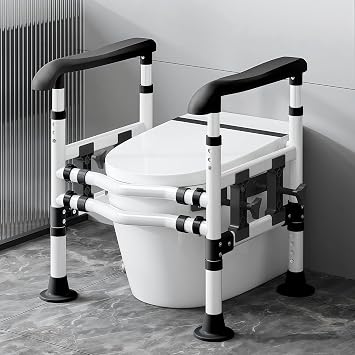 Toilet Safety Rails for Seniors - Adjustable Height & Width Safety Frame with Handrail, Fits Most Toilet Seats, Supports 220lbs, Non-Slip Bathroom Assist Bar for Elderly Easy Installation