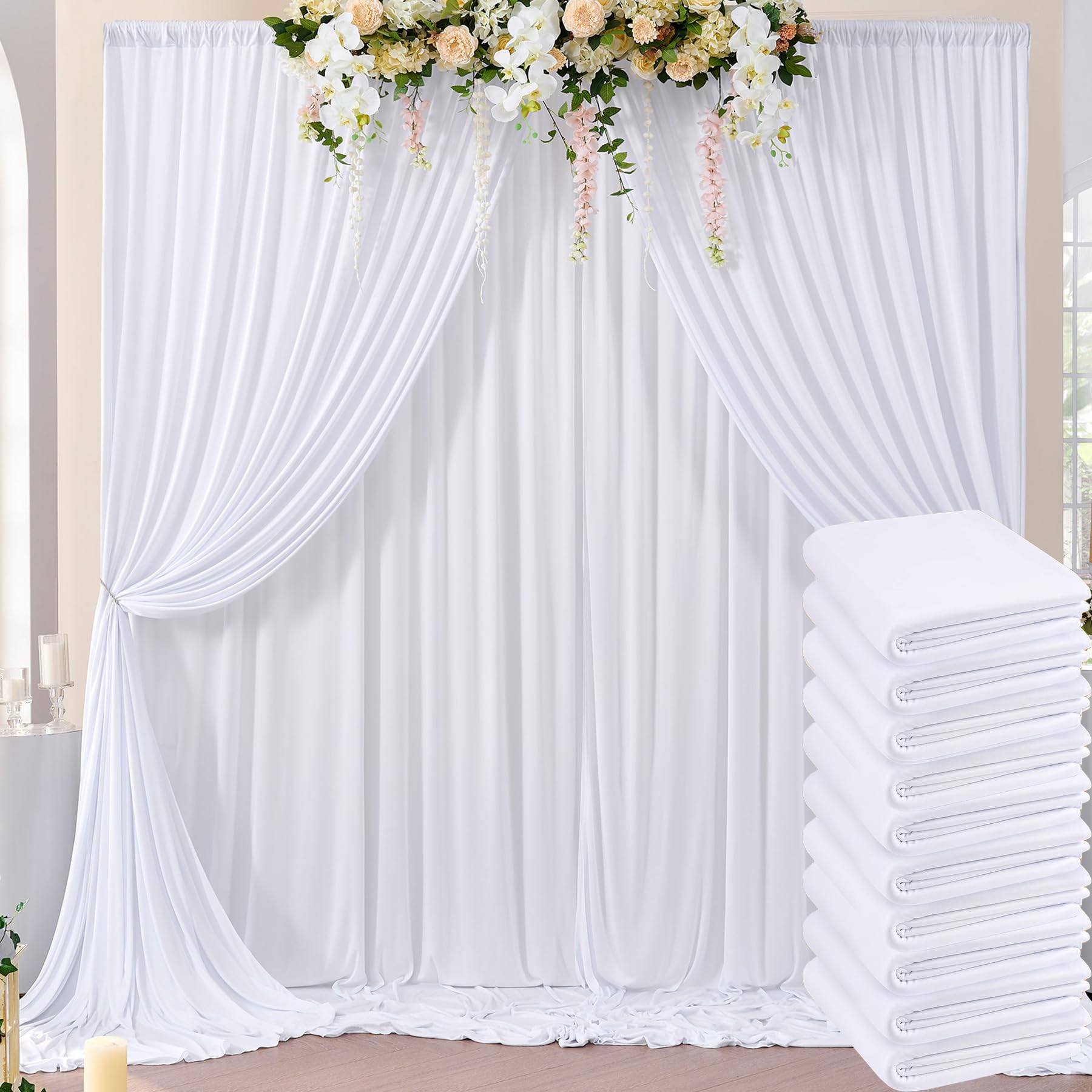50ft×10ft Wrinkle Free White Backdrop Curtain for Parties, 10 Panels 5×10ft Polyester Photo Backdrop Drapes Wedding Back Drop Cloth for Birthday Baby