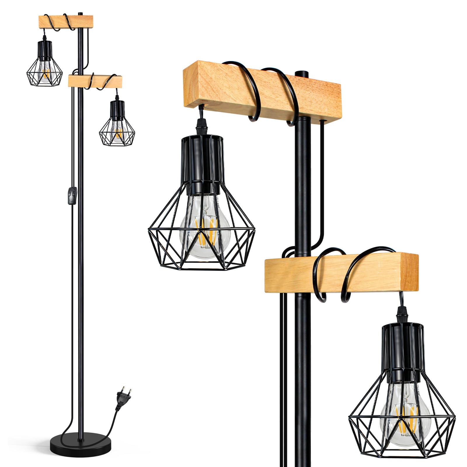 HiBay Lámpara de pie LED de 2 fuegos E27, lámpara de pie de madera, vintage, rústica, lámpara de lectura, lámpara de pie, color negro y metal con interruptor de cable, para salón, dormitorio, oficina