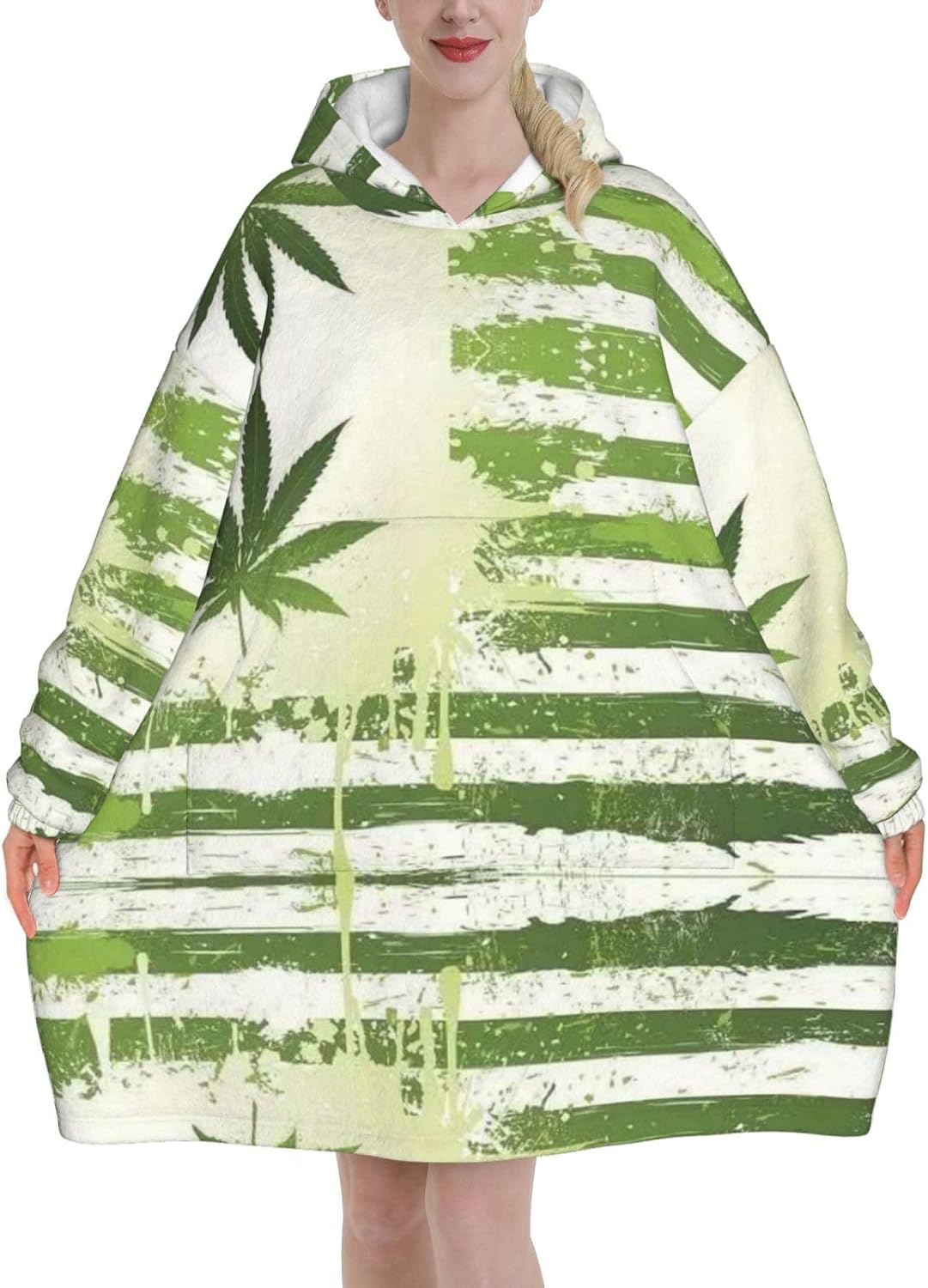 Grass Pot Leaf Print Blanket Hoodie Fleece Sweatshirt Blanket With Sleeves And Pockets