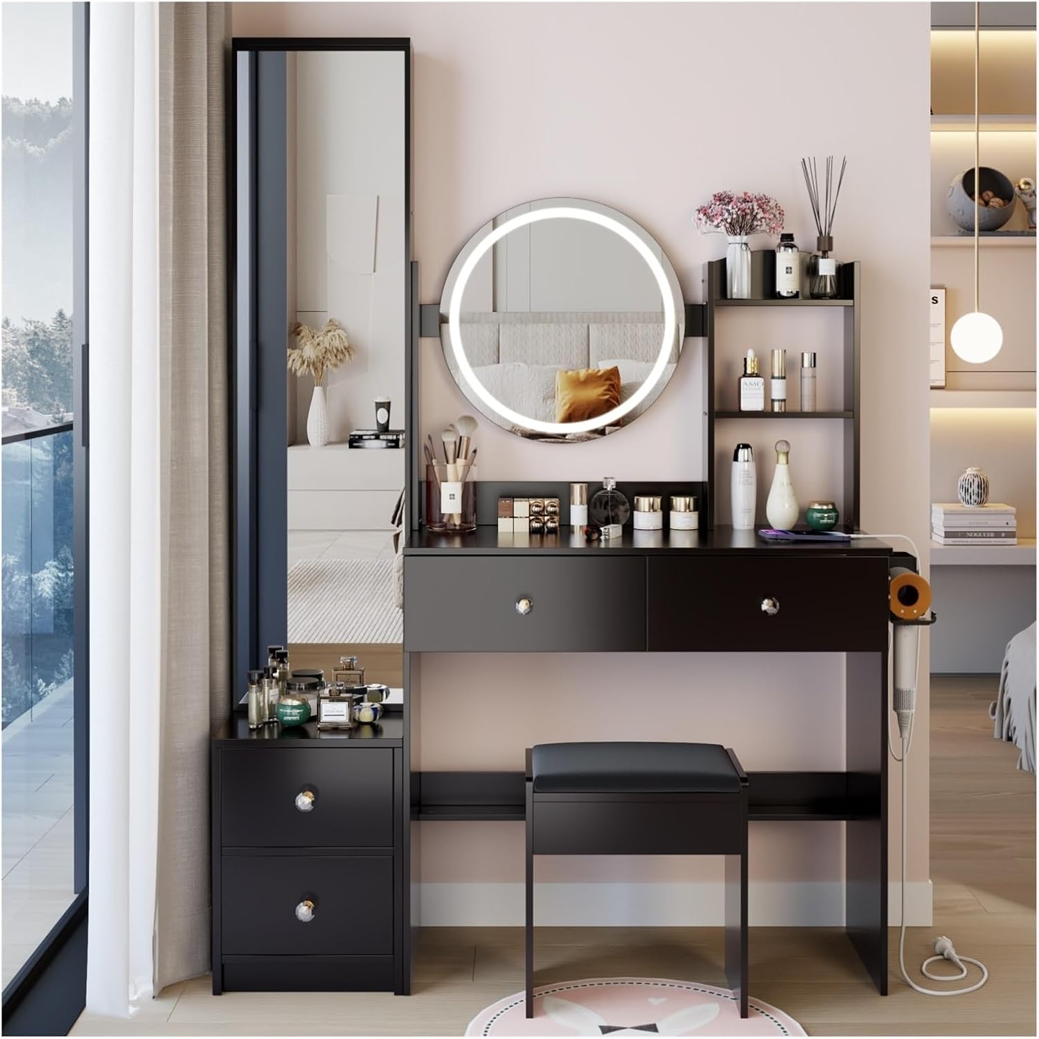 Full Body Mirror Cabinet + Round Mirror LED Vanity Table + Cushioned Stool, with 2 AC + 2 USB Power Station,Touch Control, 3-Color, Brightness Adjustable, Large Desktop