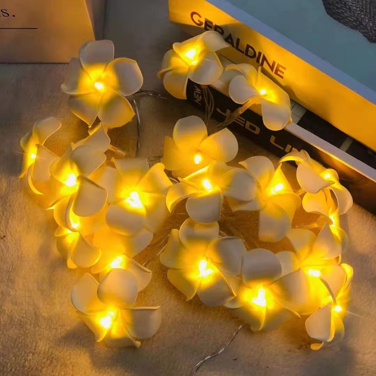 Artificial Plumeria String Lights, Foam Frangipani Led Fairy Lights Battery Operated Egg Flower Lights for Bedroom Home Wedding Hawaiian Beach Party Hair Decor (Frangipani-White, 9.8FT/20LED)