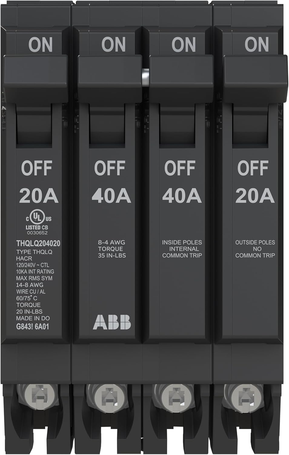 ABB Q-Line® THQLQ204020 Quad Circuit Breaker • 20A/1P, 40A/2P, 20A/1P Configuration • 120/240 VAC • 10 kAIC Interrupt Rating • Thermal Magnetic Plug-On Breaker for Load Centers