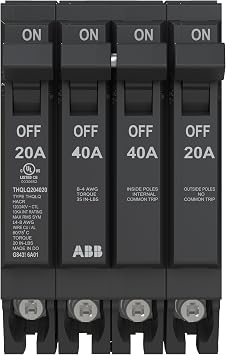 ABB Q-Line THQLQ204020 Quad Circuit Breaker 20A/1P, 40A/2P, 20A/1P Configuration 120/240 VAC 10 kAIC Interrupt Rating Thermal Magnetic Plug-On Breaker for Load Centers