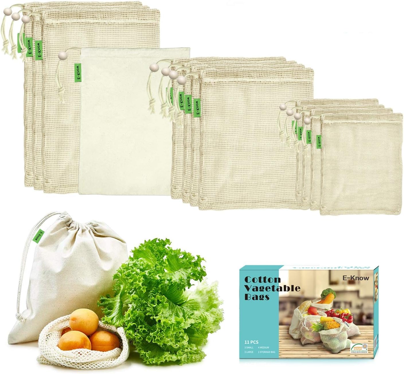 E-Know Reusable Mesh Cotton Produce Bags - 11 Pack (3 Small, 4 Medium, 3 Large, 1 Storage Bag), Plastic Free, Eco Friendly