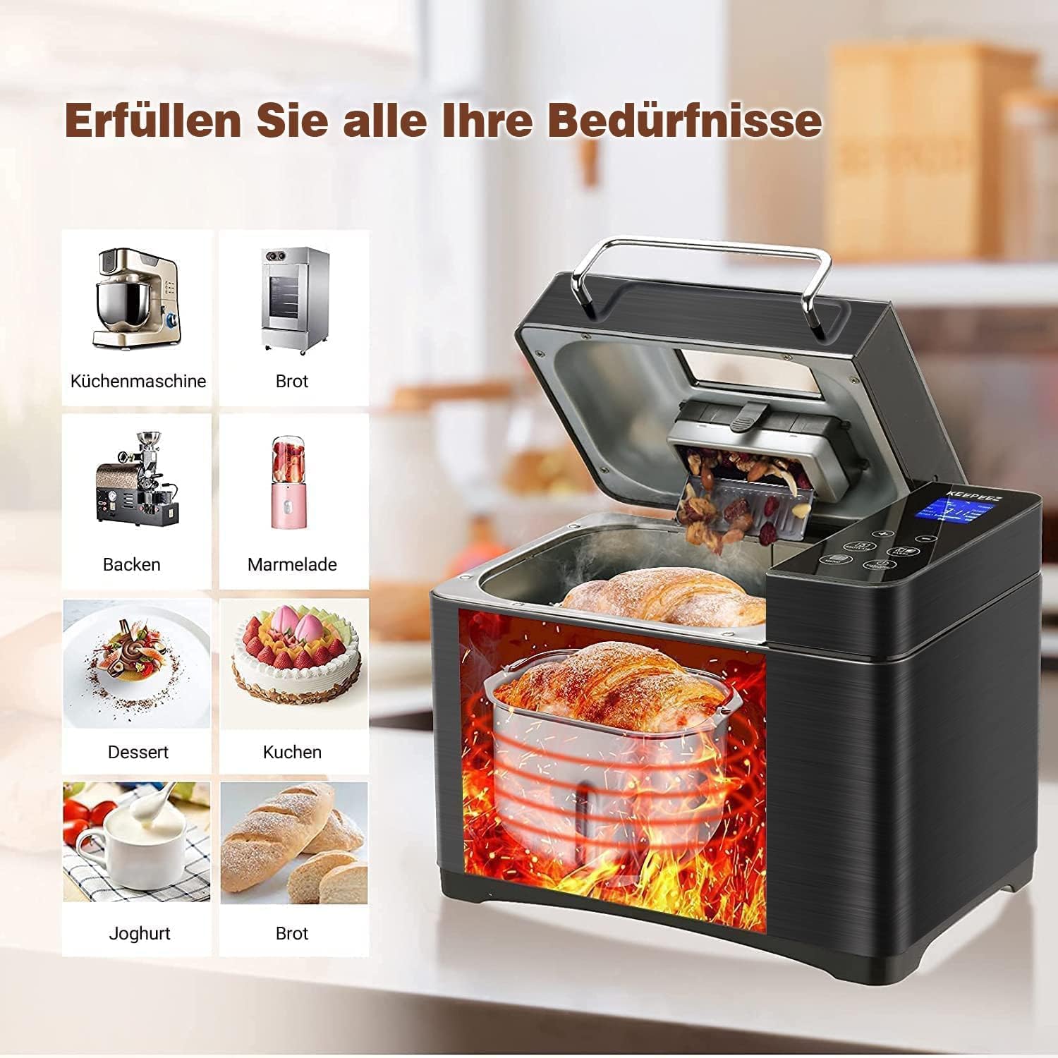 2LB Brotbackautomat, 17-in-1 Brotbackmaschine Edelstahl with 2 Schnellheizer, Auto Nut Dispenser, Keramik-Pfannen, 2 Paddles, Glutenfrei, Teigbereiter, 3 Brotgrößen, 3 Backfarben, MBF-010