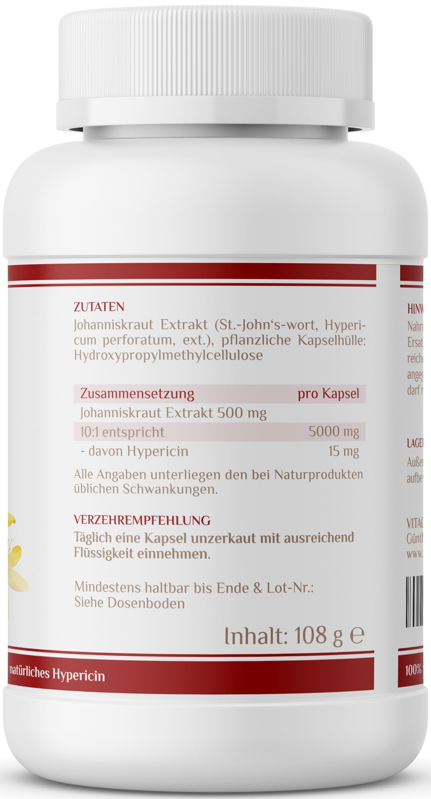 Johanniskraut Extrakt I 5000 mg pro Kapsel I inkl. natürlichem Hypericin und Hyperforin I zertifiziert laborgeprüft I 180 Kapseln I vegan I Vitaconcept
