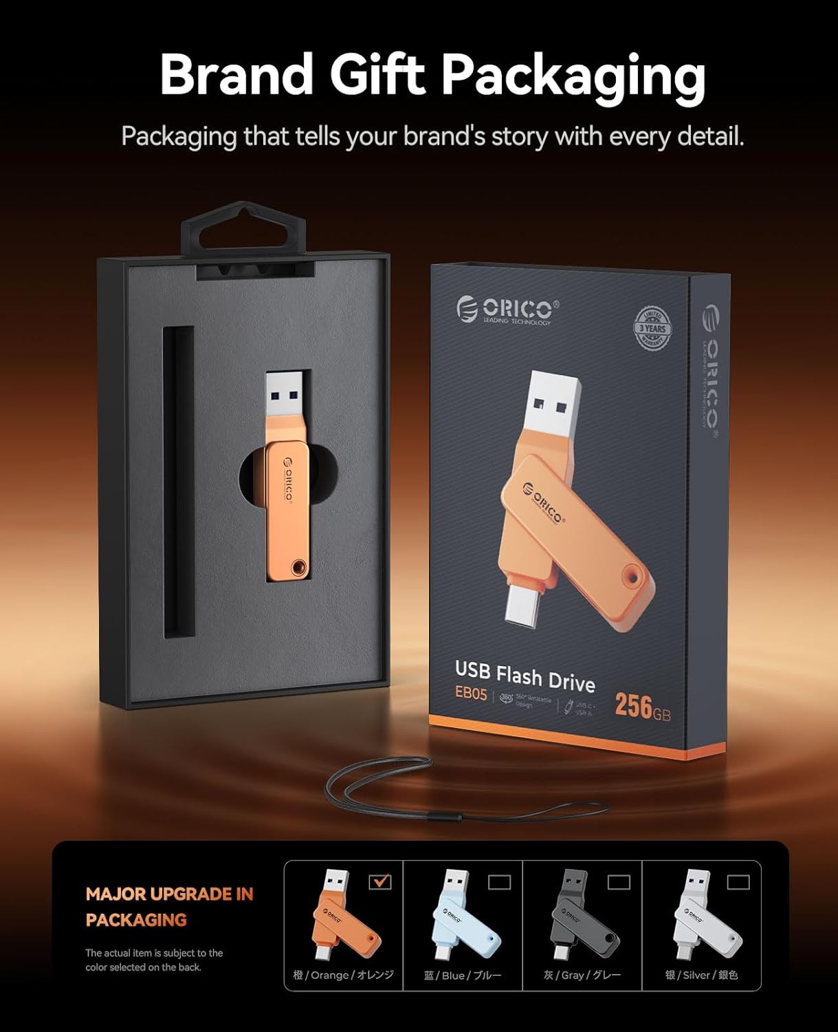 ORICO USB 3.0 Flash Drive 150MB/S Metal Housing Swivel Design Support OTG Function 2 in 1 PenDrive 128GB for USB C and USB A Devices -EB05 OR
