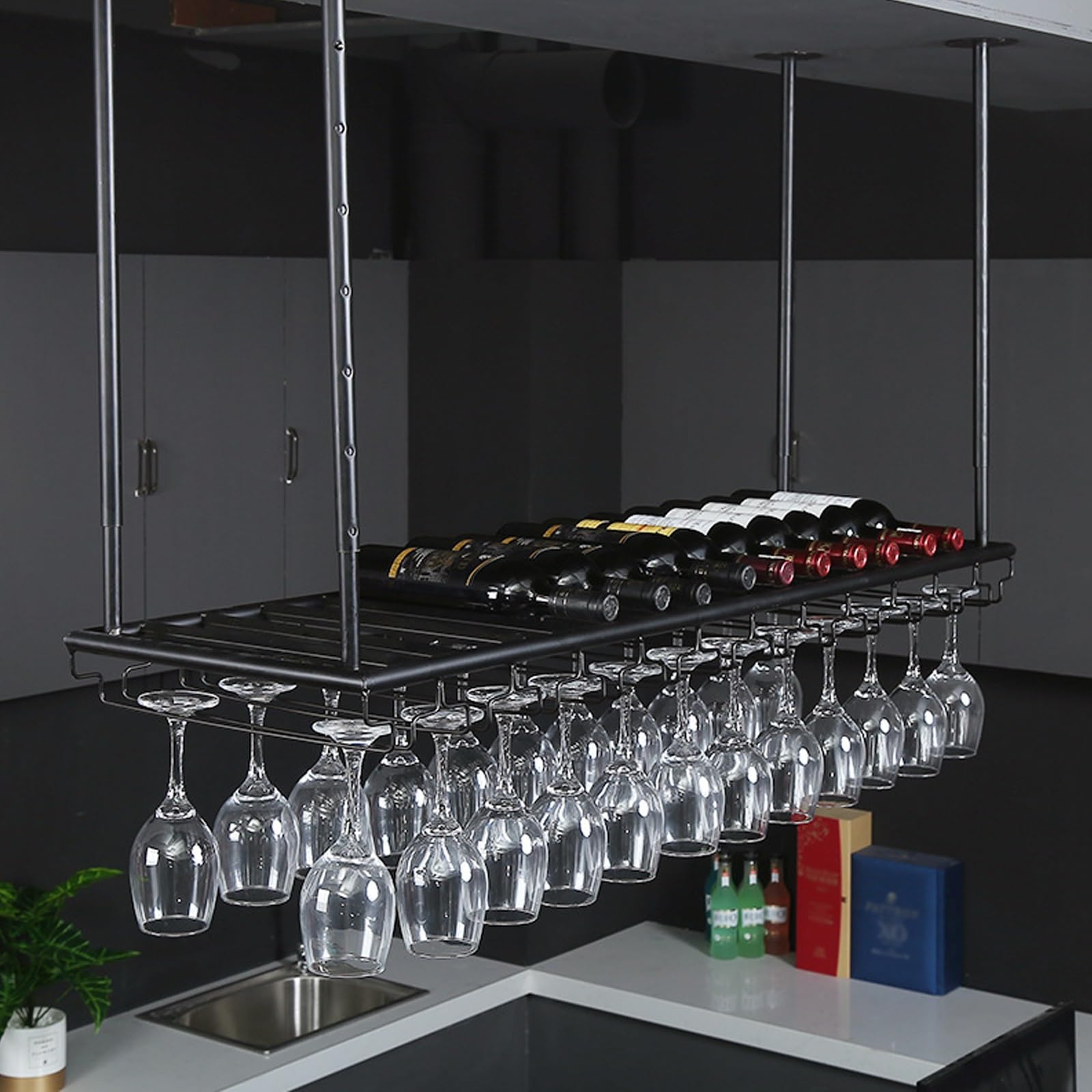 Étagère à vin réglable en métal suspendue, meuble bouteille et verre