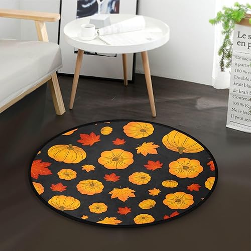 Gold Pumpkins Maple Leaves Black Round Rug for Bedroom Non-Shedding Easy Care 3' Circle Indoor Round Area Rug for Home Decor 3' x 3' Round