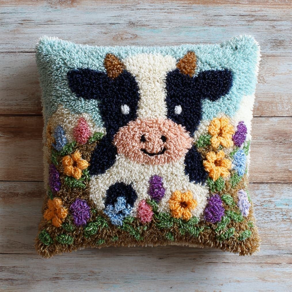 AxiangziK Latch Hook Cushion Kits for Beginners,Cows and Flowers