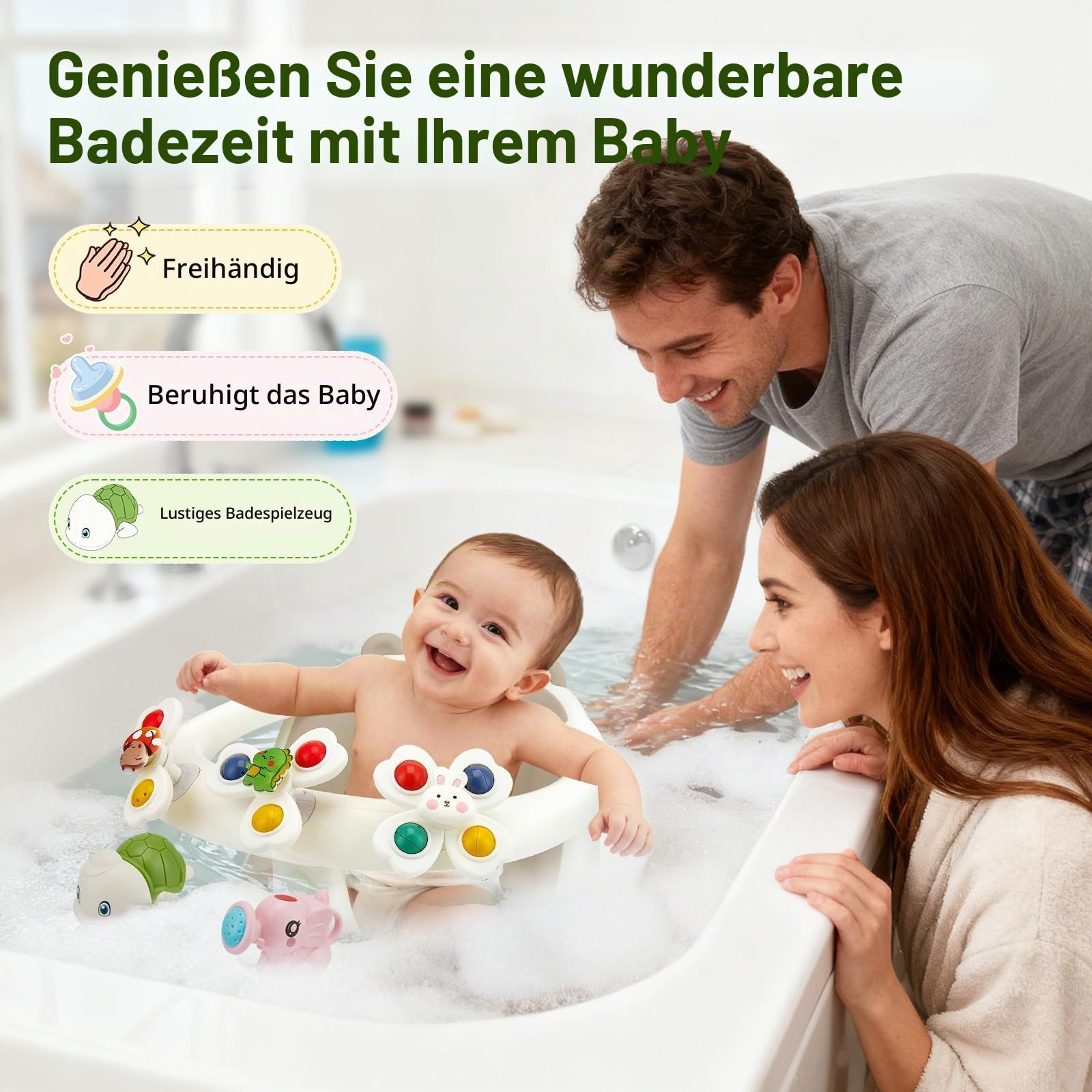 2-in-1 Baby-Badesitz mit Spielzeug ab 6 Monaten – Ergonomischer Badeaufsatz mit 4 Saugnäpfen, rutschfester Badesitz mit Fünf Spielzeug für Babys und Kleinkinder