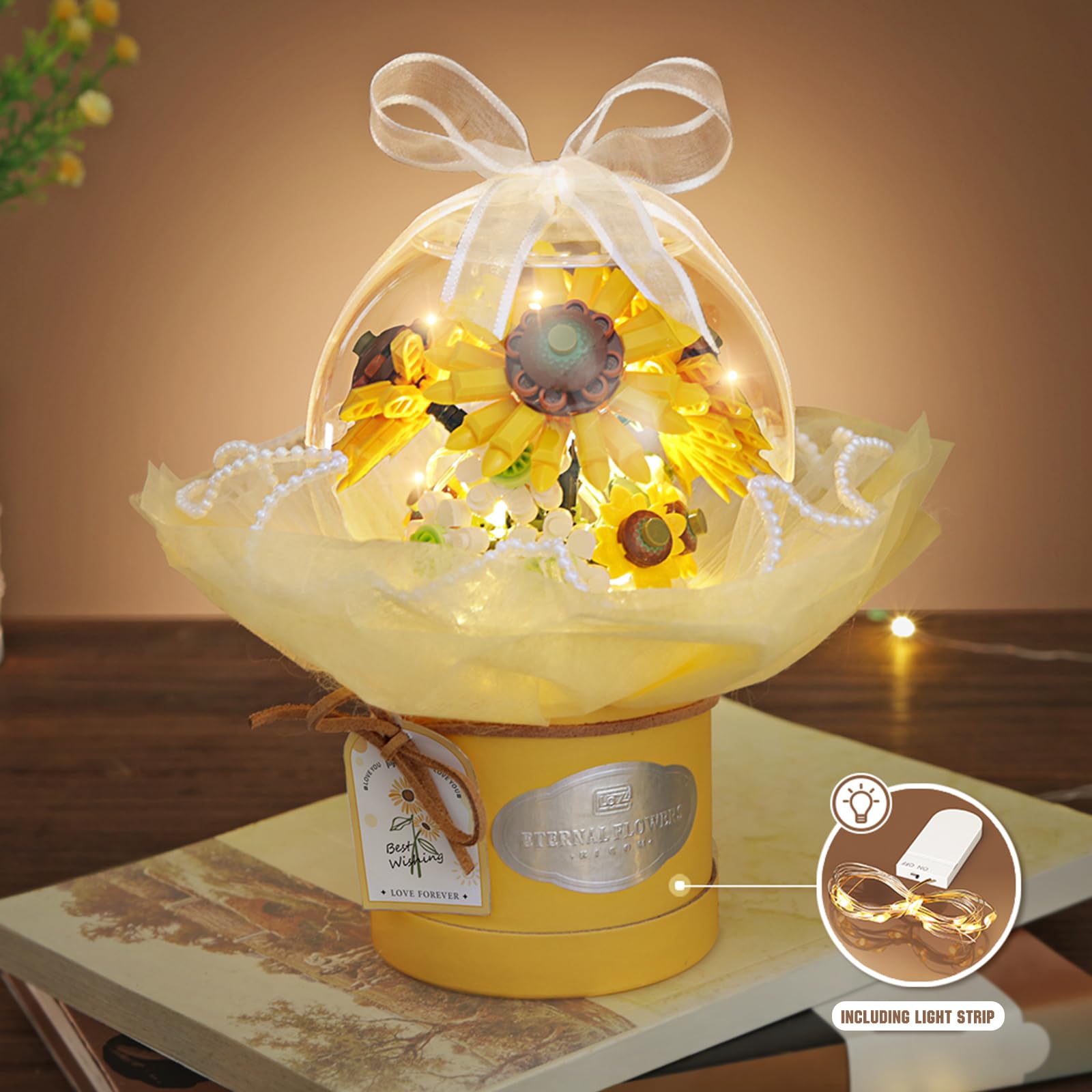 MEIEST Flower Bouquet Building Blocks Set,Simulation Artificial Flower with Dust-Proof Dome for Valentine's Day,Bonsai Plant Building Bricks Toys & Home Decor (Sunflower) - Image 3