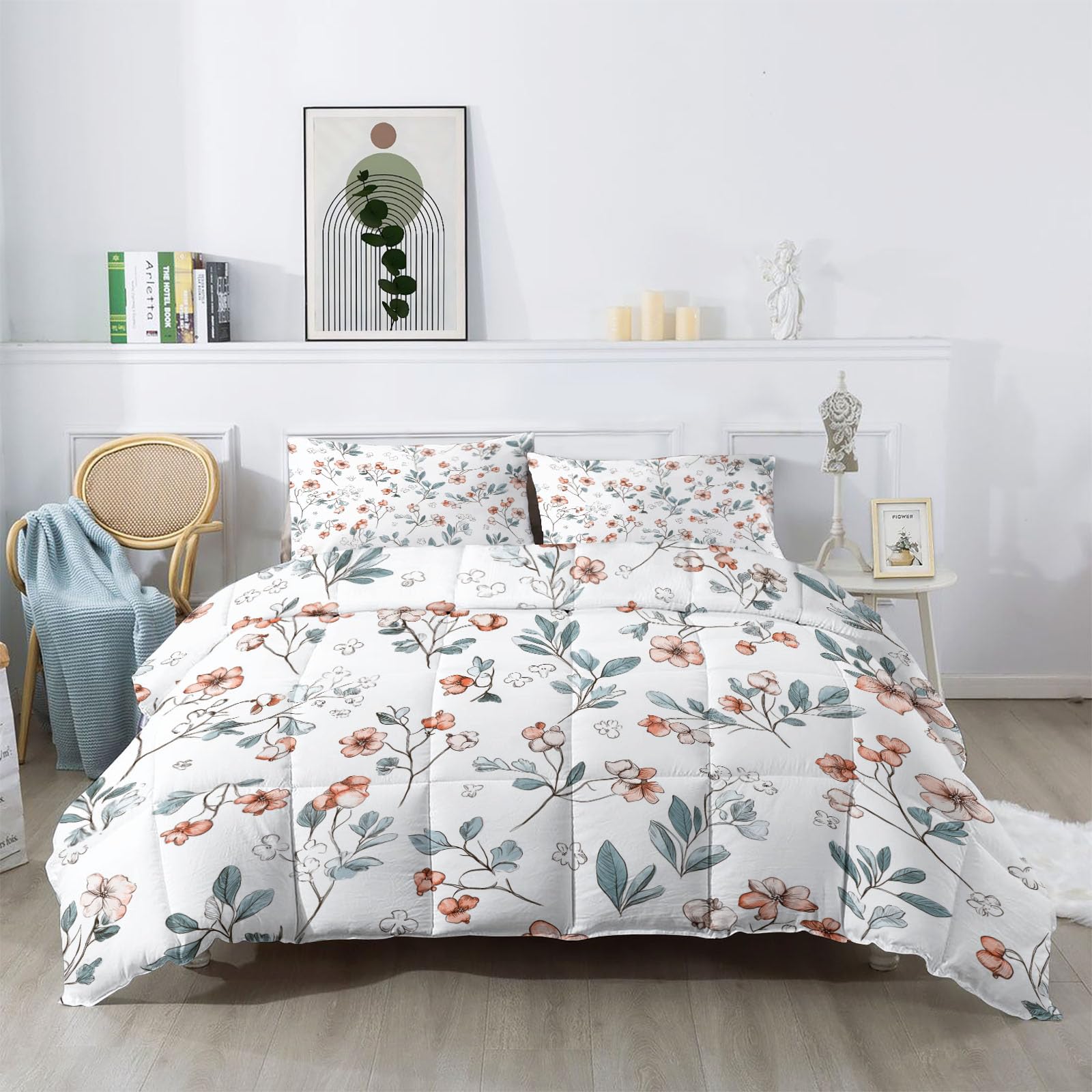 Bettdecke 135 x 200 cm 4 Jahreszeiten, Einfache Pflanzen Beeren Blumen Warm Weiche Steppdecke mit 2 Kissenbezügen, Creme Waschbare Kinder Schlafzimmer Wende Ganzjahresdecke ohne Bezug