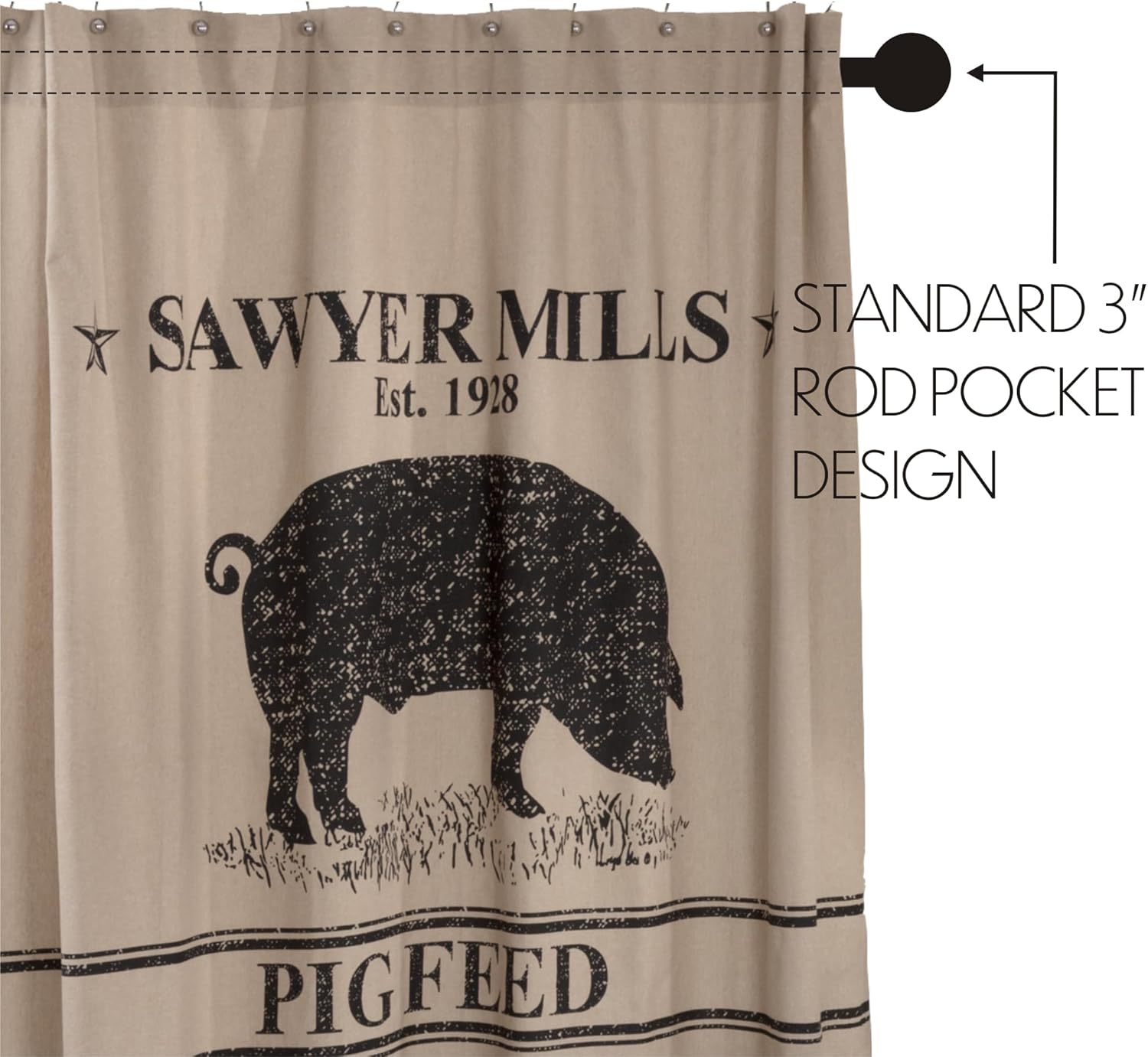 VHC Brands Sawyer Mill Pig Shower Curtain, Black, 72x72