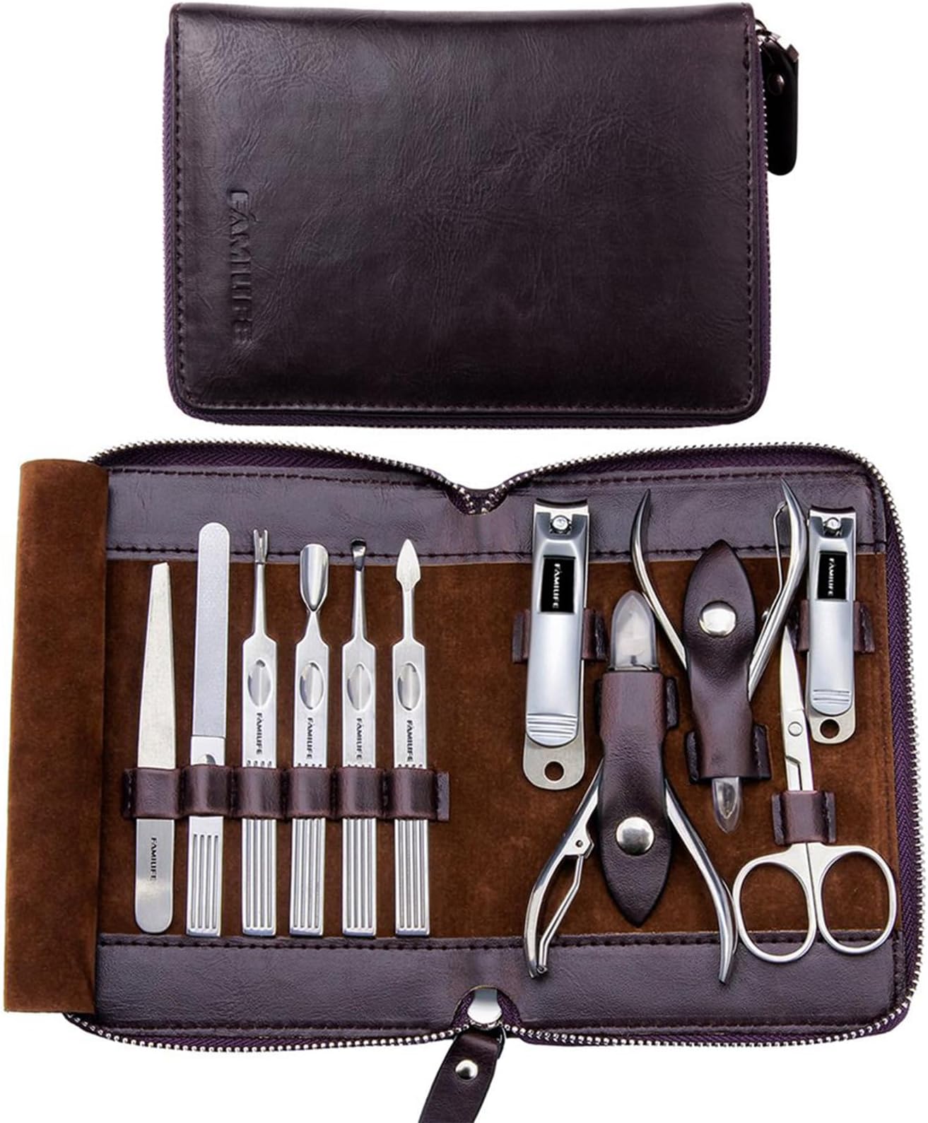 FAMILIFE Manicure Set, Nail Clippers Set Professional Manicure Kit 11 in 1 Stainless Steel Pedicure Tools Nail Kit Mens Grooming Tool with Portable Leather Travel Case Dark Violet Birthday Gifts