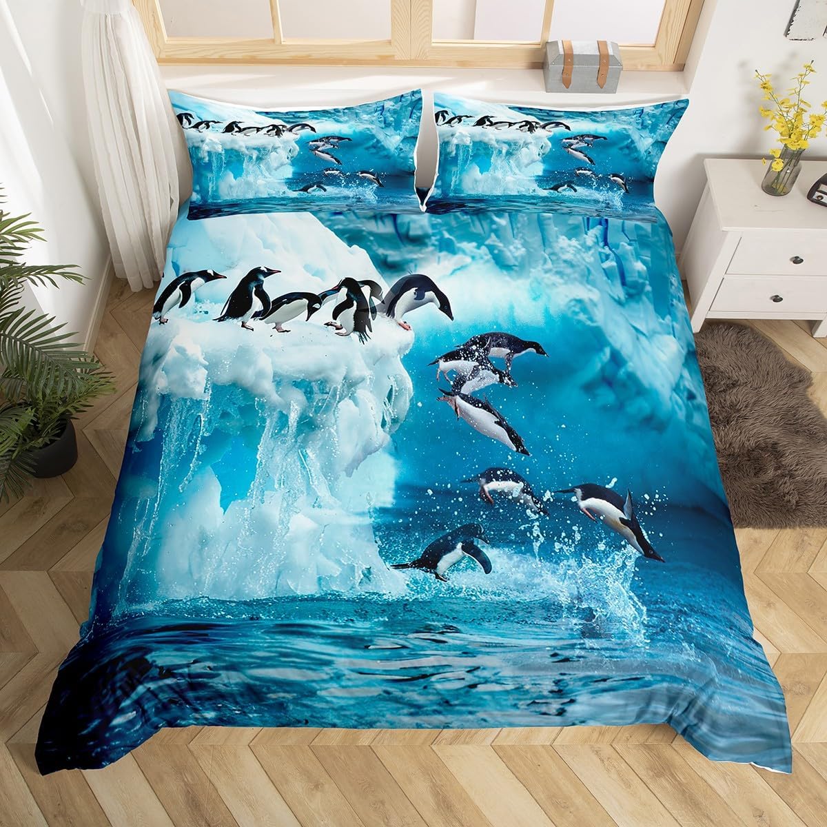 Feelyou Cute Penguin Duvet Cover Polar Animal Pattern Bedding Set Funny Penguins Printed Comforter Cover for Boys Girls Kids Room Decor Winter Blue Nature Bedspread Cover King Size with 2 Pillow Case