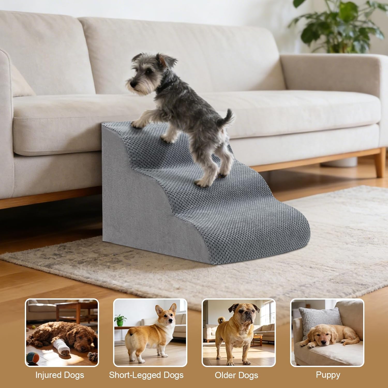 Dog Stairs Ramp for Small Dogs and Cats,13.8'' H 3-Step Pet Stairs for Sofa Chair Counch, Non-Slip Foam Pet Steps with Soft Surface,Grey