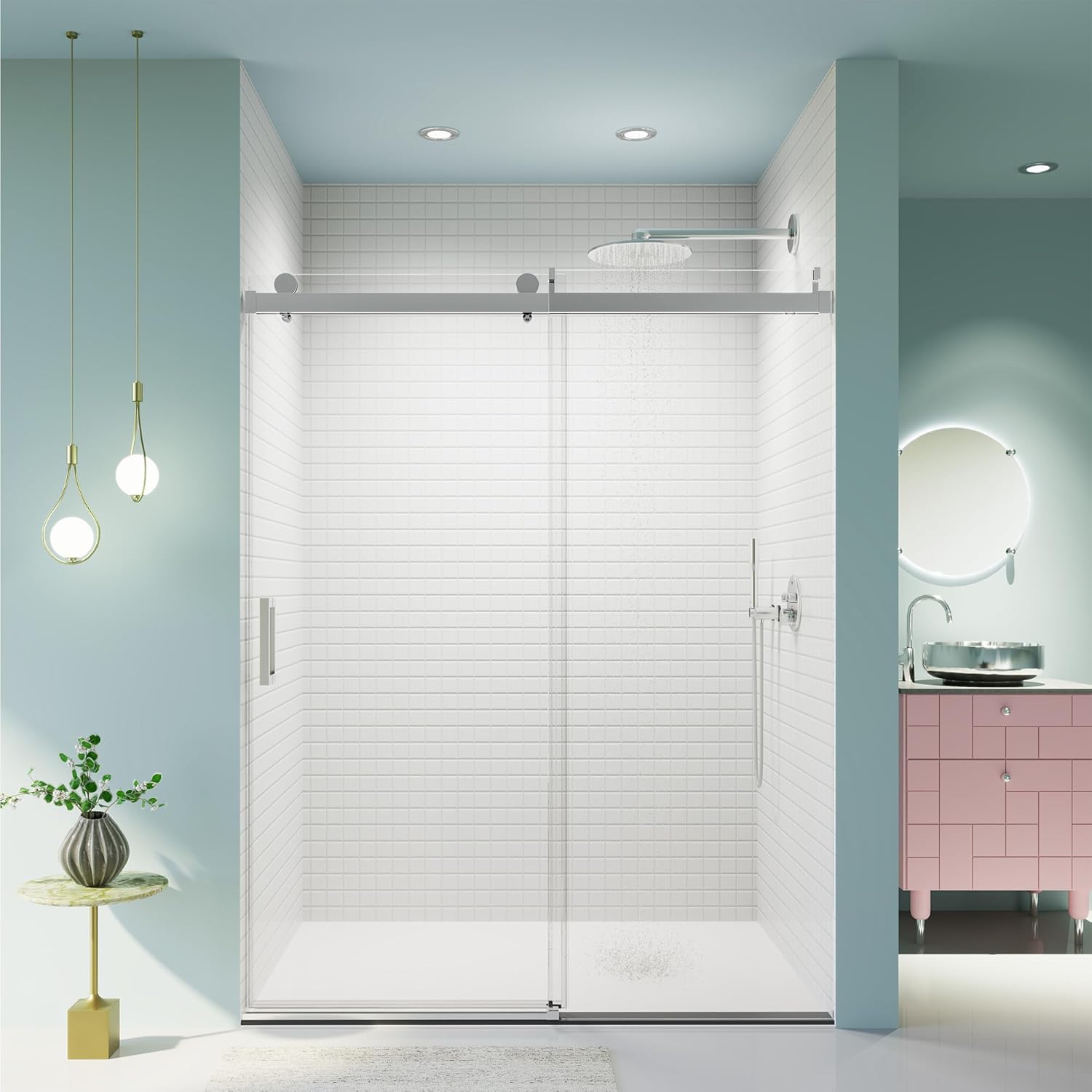 56-60" W * 76" H Shower Doors with Buffer, Bathroom Frameless Single Sliding Soft-Close Shower Door, 3/8" (10mm) Thick SGCC Tempered Glass Door, Reversible Installation, Chrome