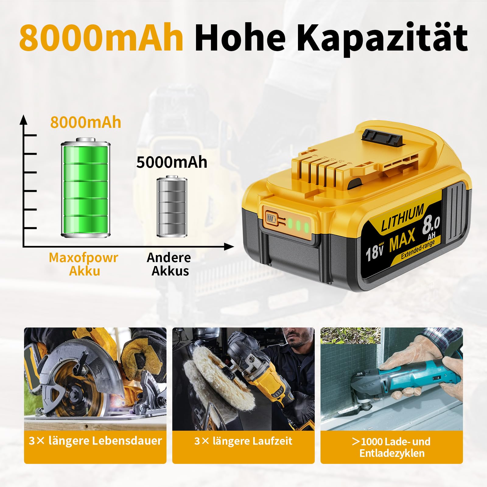 2 X 8000mAh for Dewalt Akku 18V, Ersatzakku für Dewalt 18 Volt XR Serie