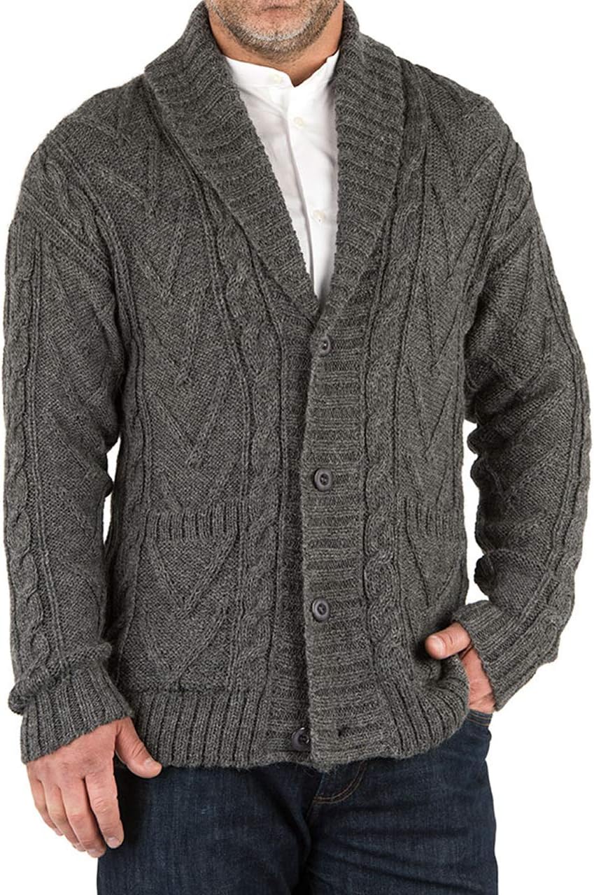 Inca Fashions - Irish Aran Men's Bulky Knit Button Down Sweater with Shawl Collar & Pockets in Alpaca Wool Blend