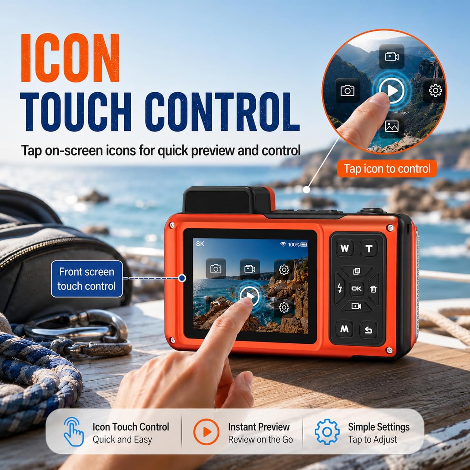 Maxmango V08 Pro Underwater Camera, 49FT Waterproof Camera 8K 90MP WiFi Digital Camera with 2.88" Touchscreen, Dual Screens, Dustproof Shockproof Camera for Snorkeling Diving, 32GB Card, Orange
