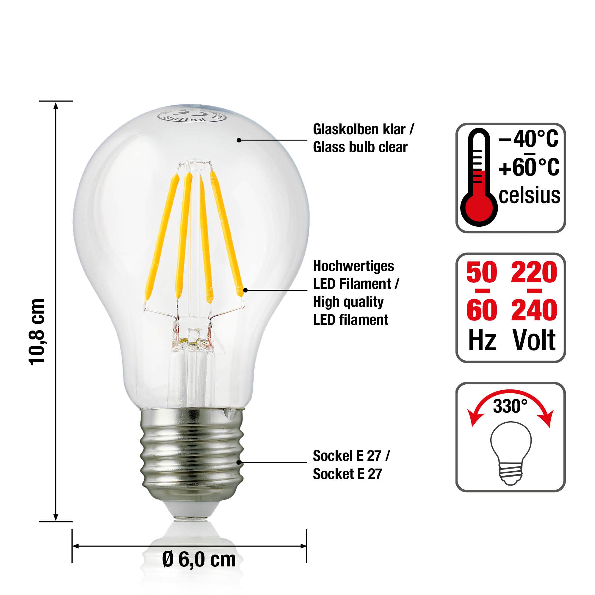 hellum LED Glühbirne E27 dimmbar, 5er, 7W warmweiß Lampe mit 806 Lumen und E27 Sockel LED Filament, Leuchtmittel ersetzt 60-Watt Glühbirne, 2700 Kelvin warmweiss Klar, 220100