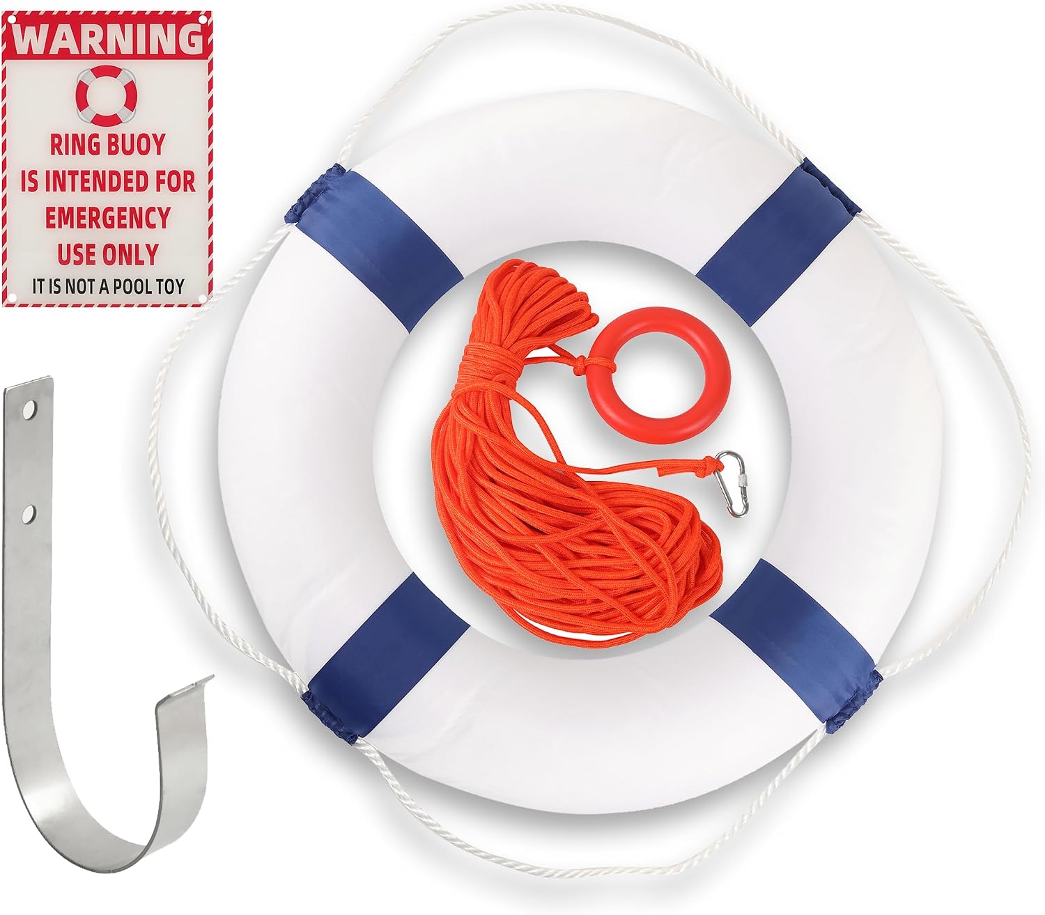 calvana 20" foam life preserver ring with 98.4ft floating lifesaving rope, throwable flotation device, pool safety float, for buoy and swimming decoration, boat safety equipment 1pack with emergency signs blue
