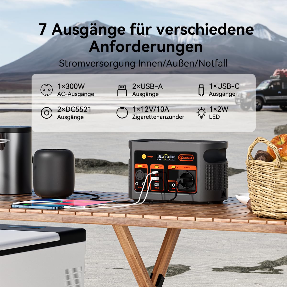 FlashFish 300W Tragbares Powerstation mit Solarpanel 100W, 179,2Wh LiFePO4 Akku, Schnellladung 0–80% in 1 Std, EPS-Funktion,Multifunktions Solar Generator für Camping, Draußen, Reisen, Notfälle