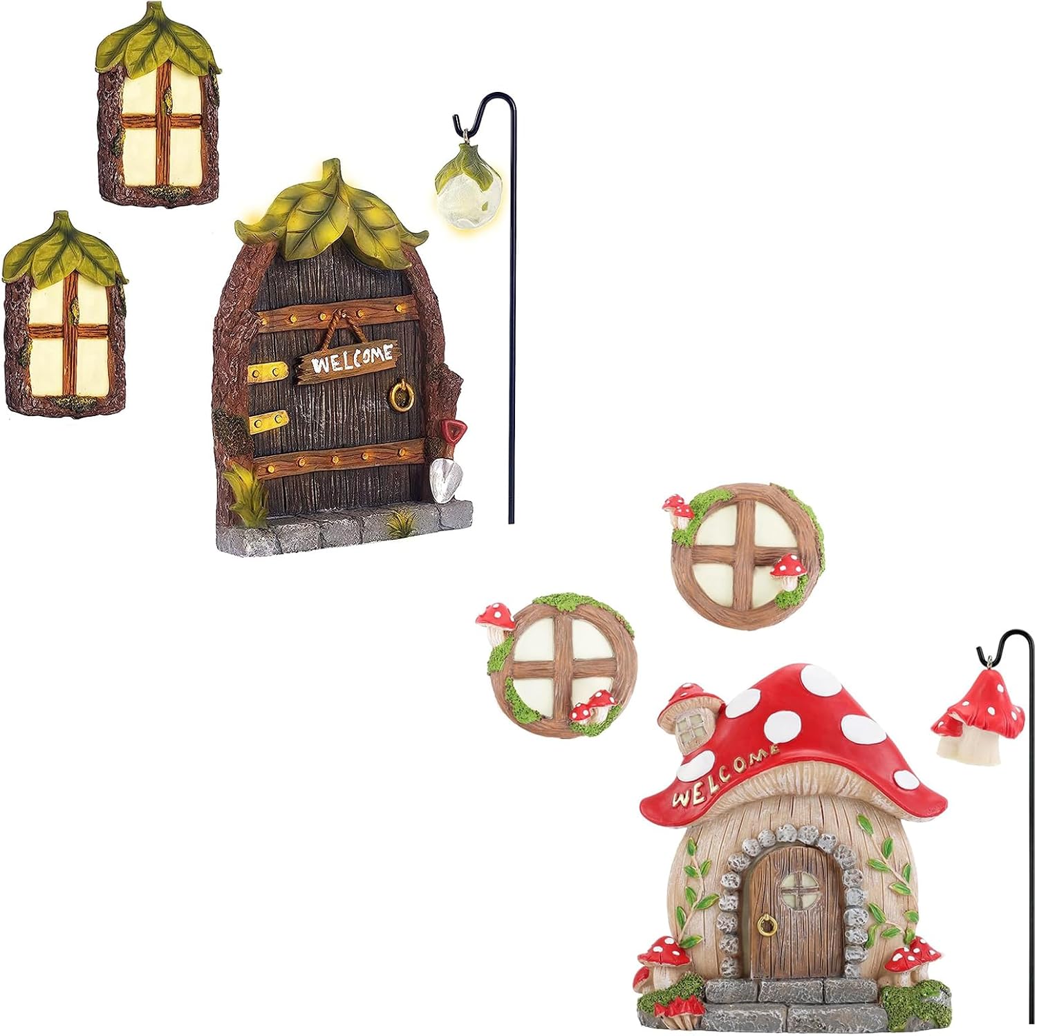 Mushroom Fairy Door and Windows and Miniature Fairy Garden Accessories Bundle