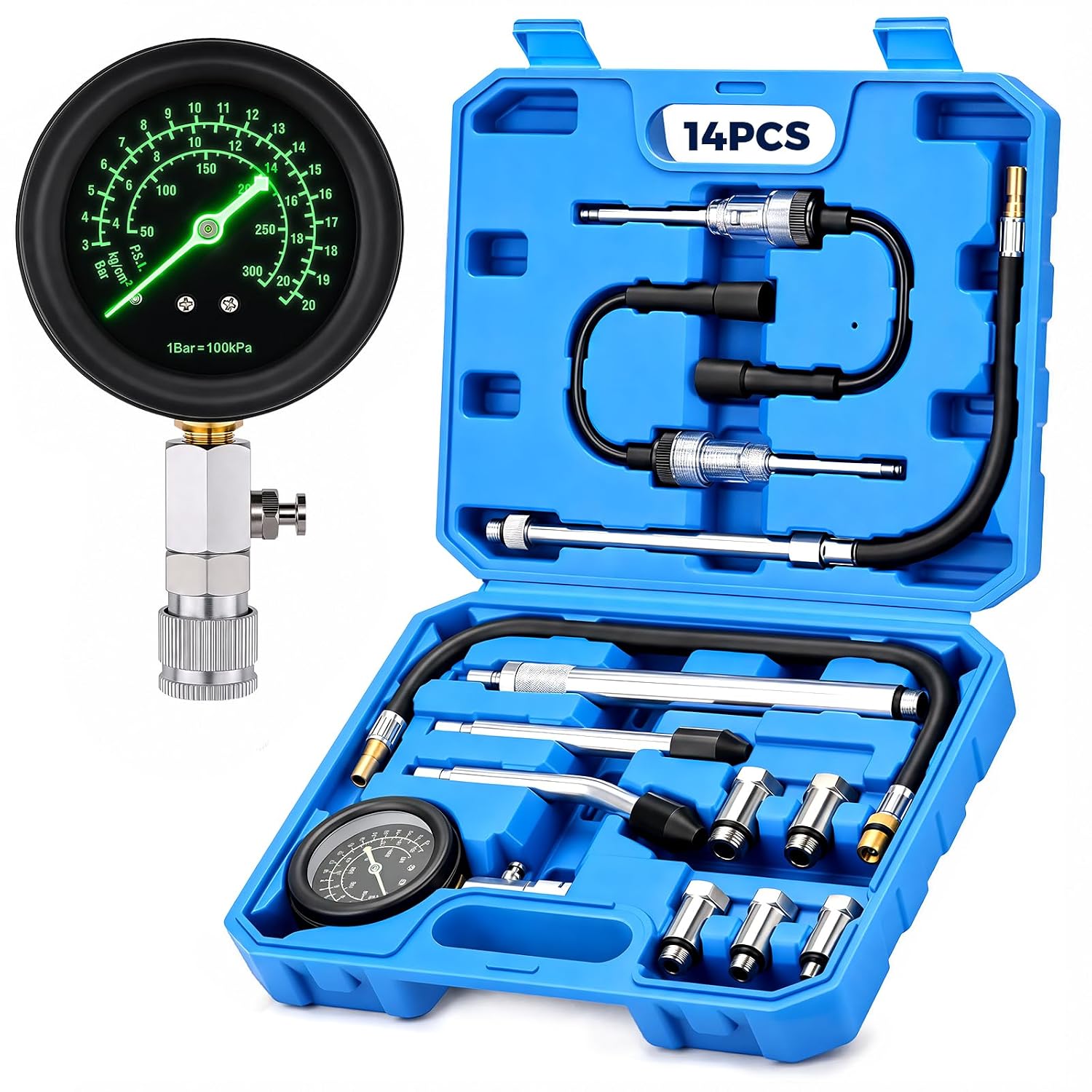 DISEN 13PCS Compression Tester Kit, 0-300 PSI Triple-Scale Gauge with Fluorescent Dial, 5 Metal Adapters M10-M18 & 2 Spark Plug Testers, for Gasoline Engines Cars Trucks ATV Small Engines
