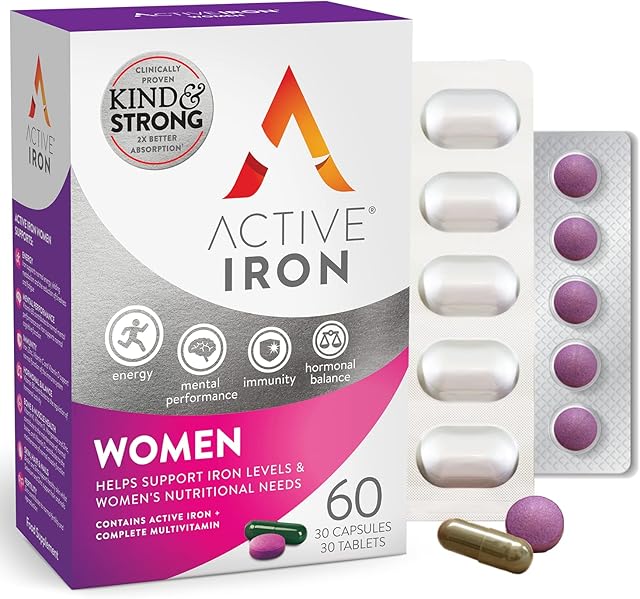 Active Iron for Women with Active Multivitamin | 30 Iron Capsules & 30 Active Mutivitamins | Iron Supplement | High Strength B Vitamins | Non-Constipating Formula| 1-Month Supply