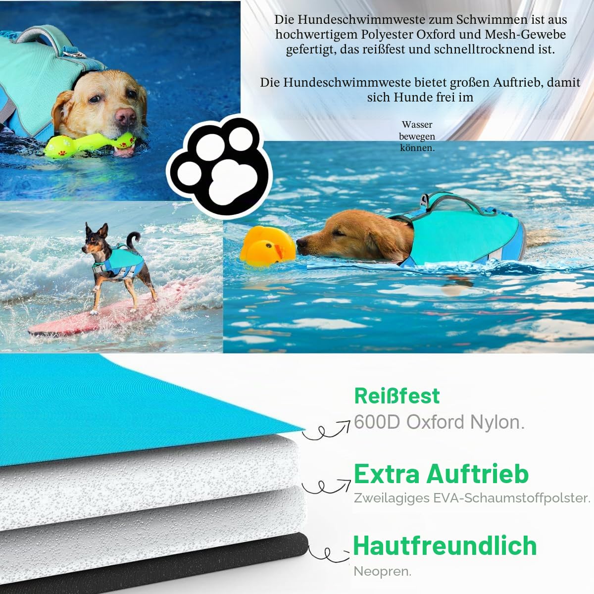 Little Bean® Hundeschwimmwesten, verstellbare Haustier-Schwimm-Sicherheitsweste mit überlegenem Auftrieb und Rettungsgriff für Hunde, Bootfahren, Schwimmen, mit reflektierenden Streifen (Blau, S)