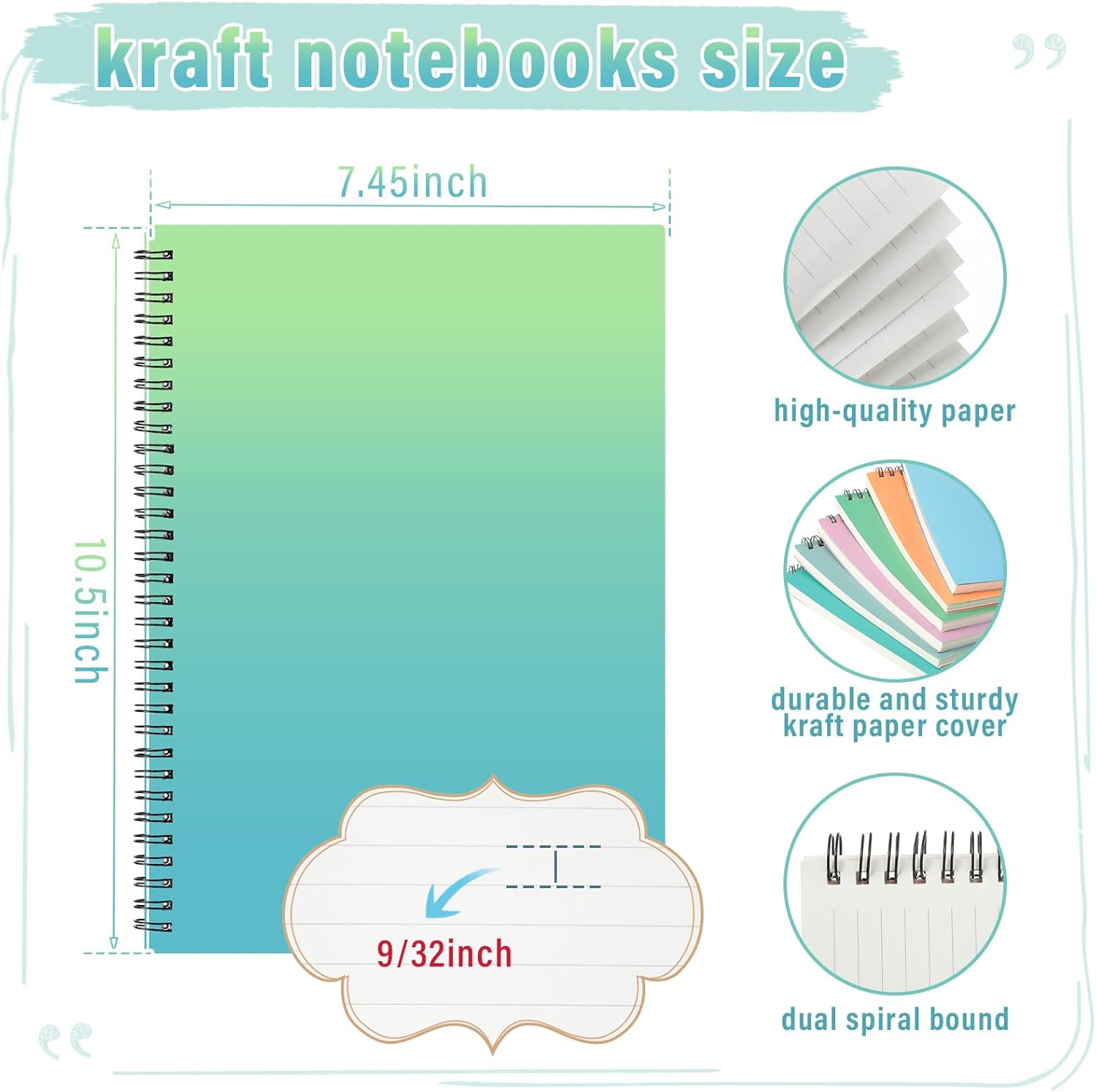 Fuutreo 6 Pack Spiral Notebooks 10.5 x 7.45 Inch College Ruled Journal with Kraft Cover, B5 70 Sheets (140 Pages) for Stundent Study and Office Use(Gradient Color)